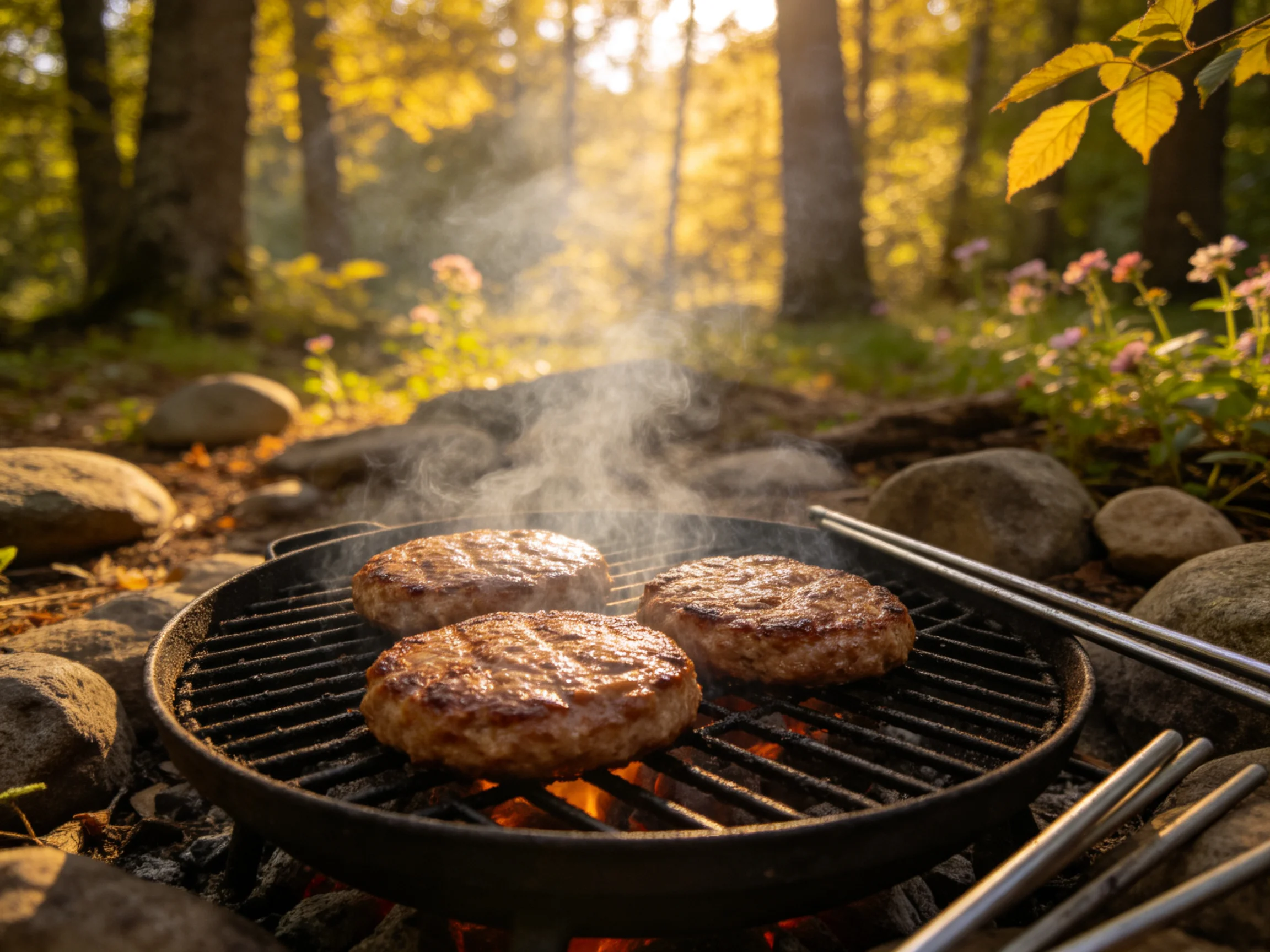Three grilled burger patties sizzle over an open flame in a sunlit forest