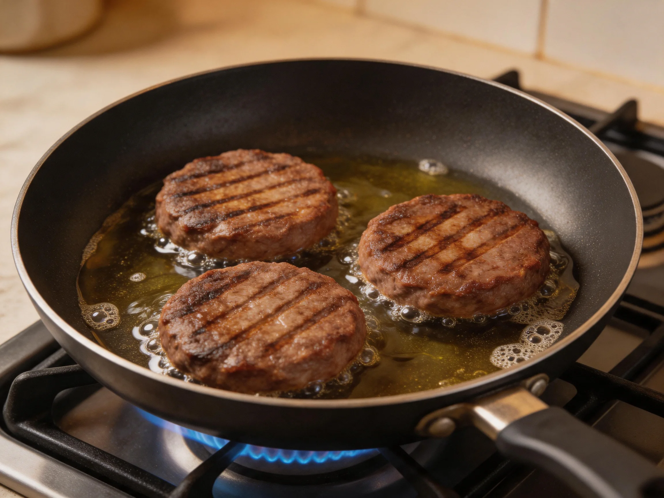 Three grilled burger patties sizzling in hot oil over a stove