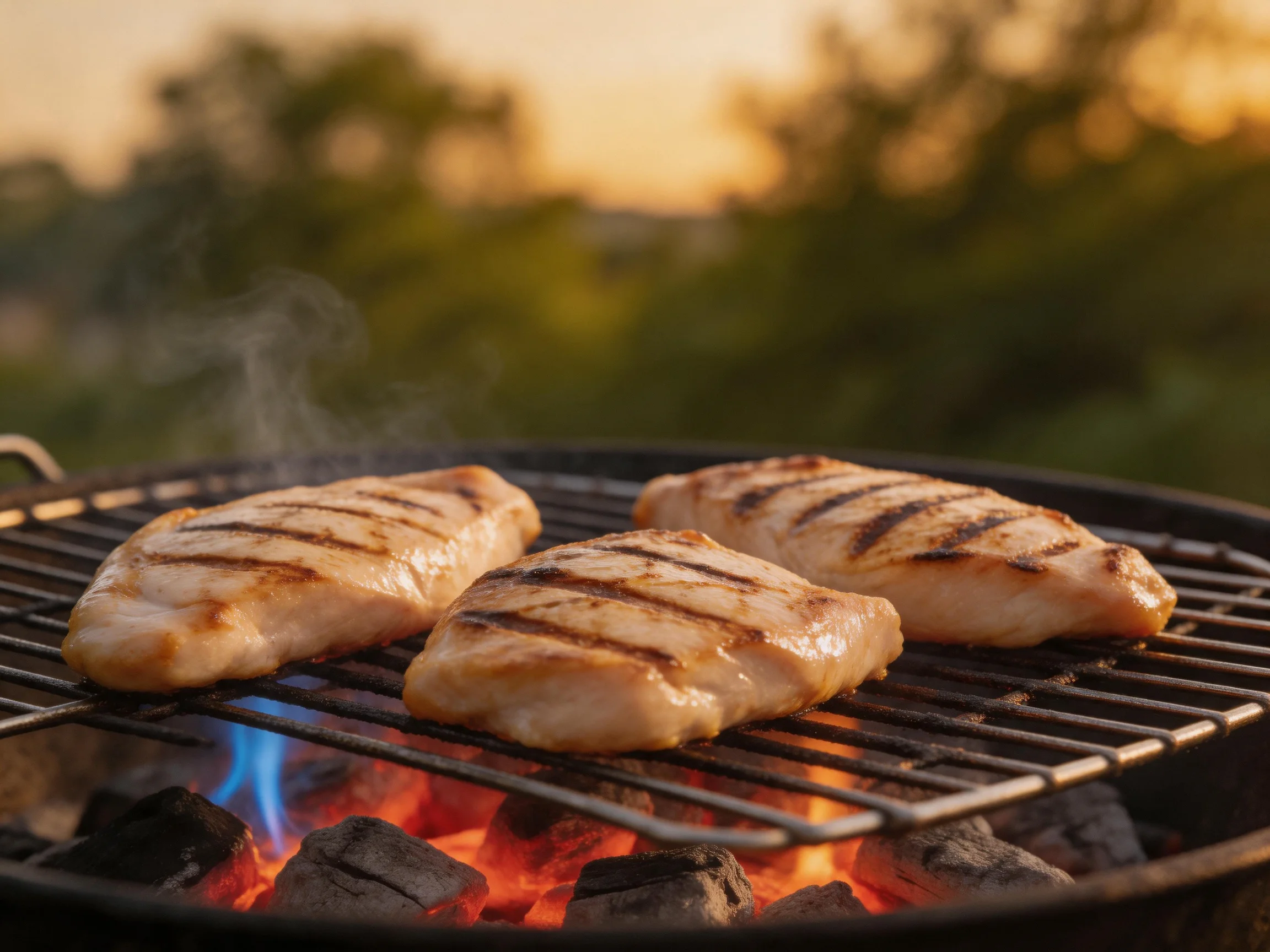 Three grilled chicken breasts sizzle over glowing charcoal embers