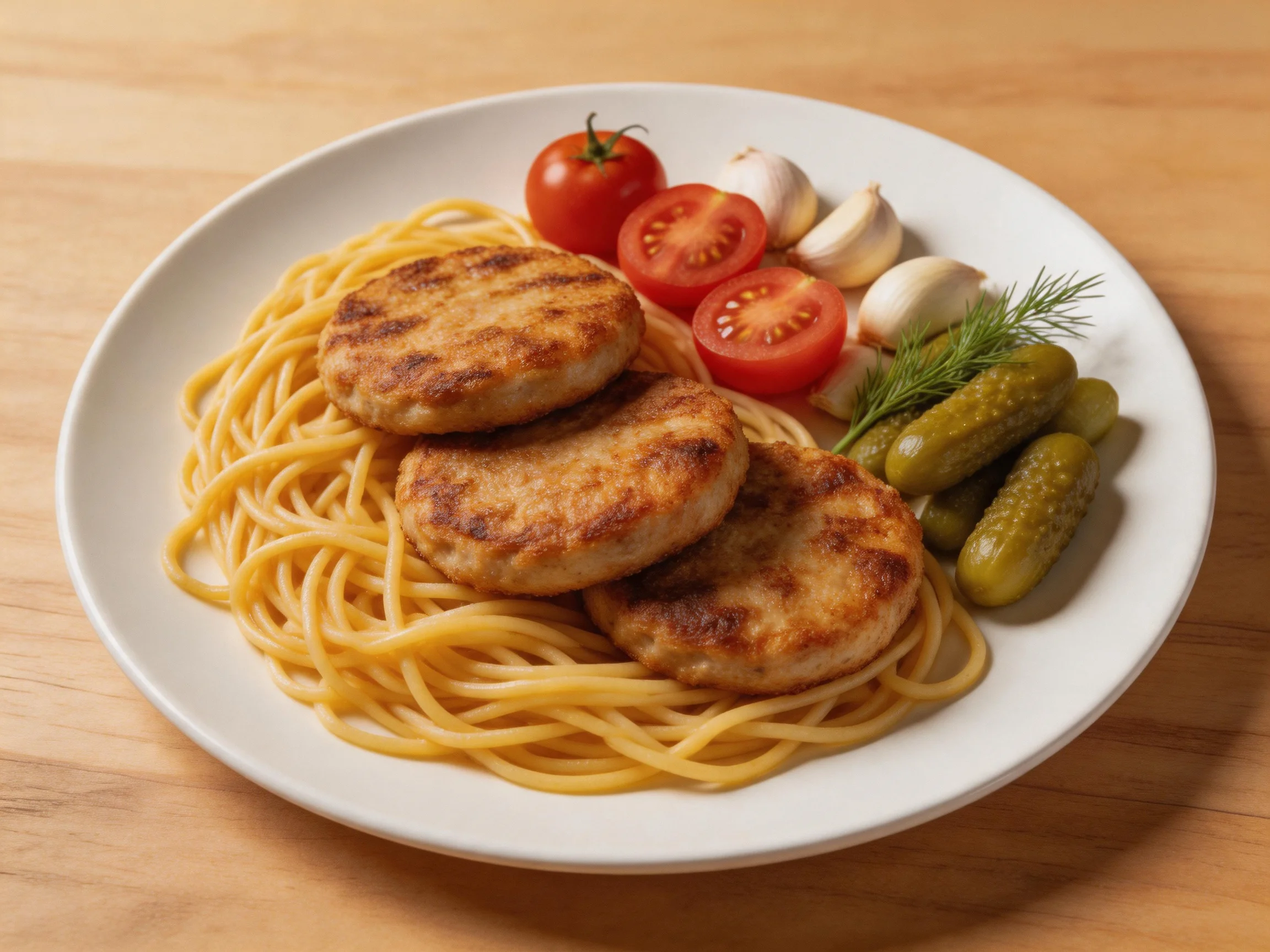 Three grilled chicken patties served over spaghetti with cherry tomatoes, garlic, and pickles
