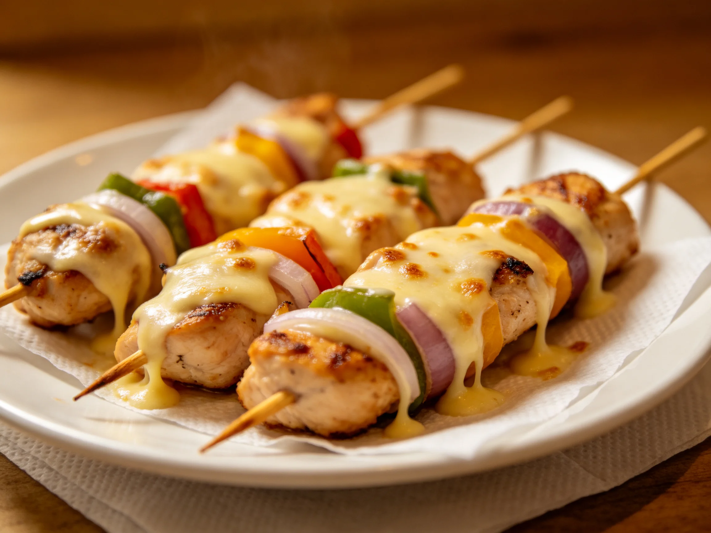 Three grilled chicken skewers topped with melted cheese and colorful vegetables
