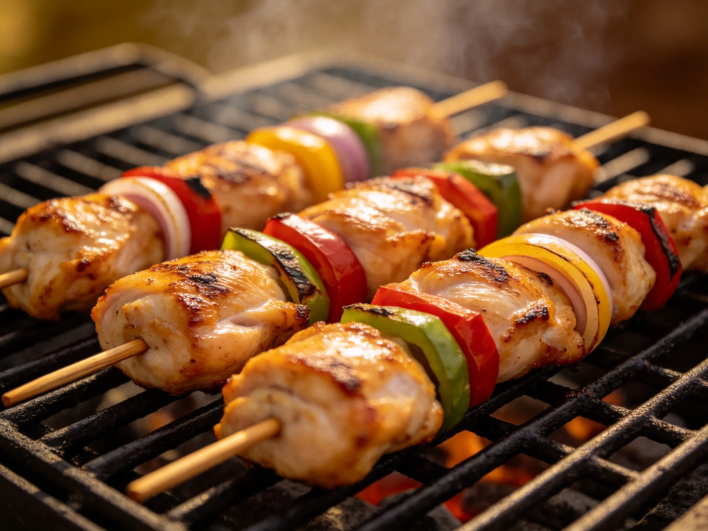 Three grilled chicken skewers with colorful vegetables on a barbecue grill