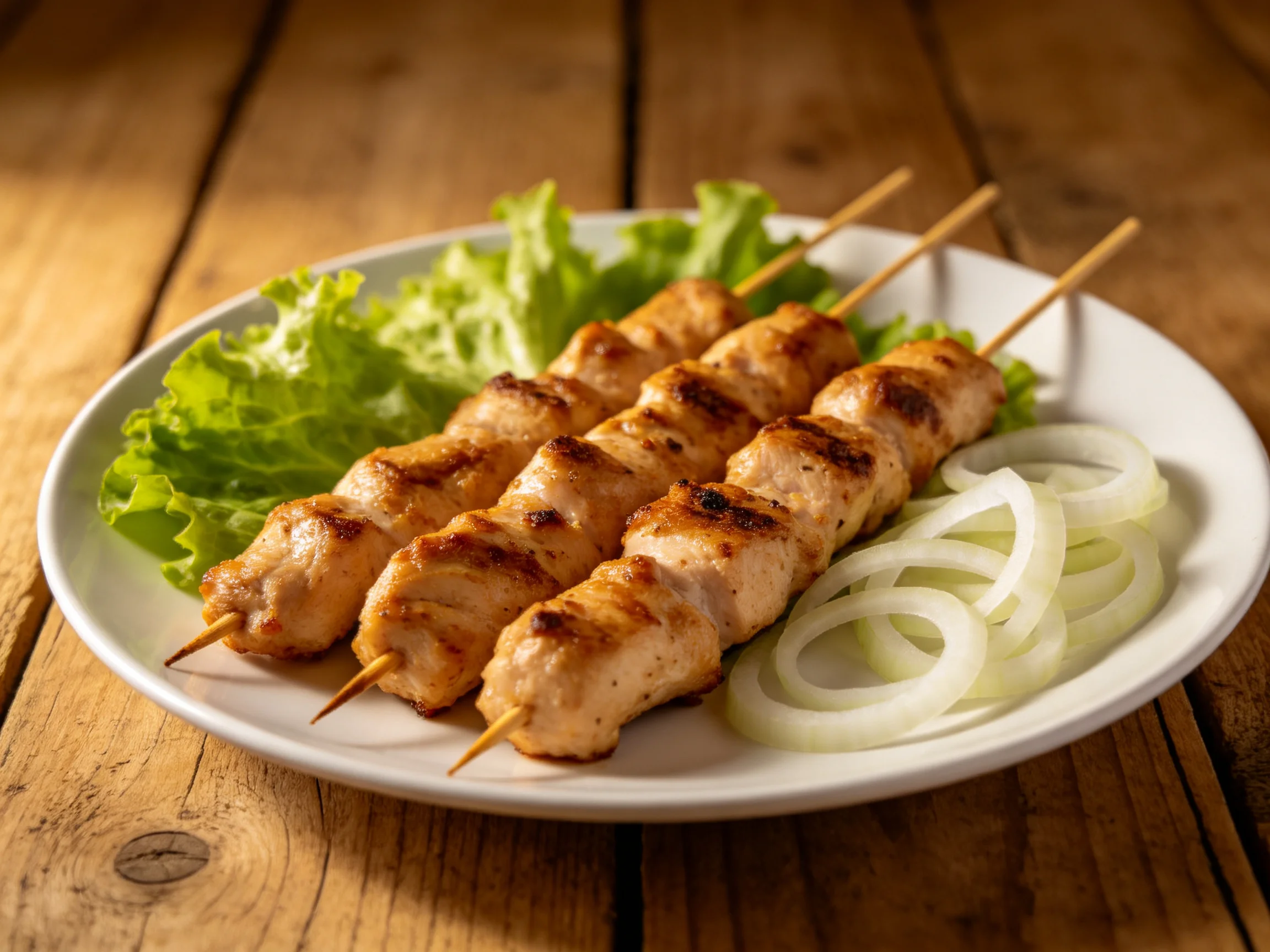 Three grilled chicken skewers with lettuce and onion rings