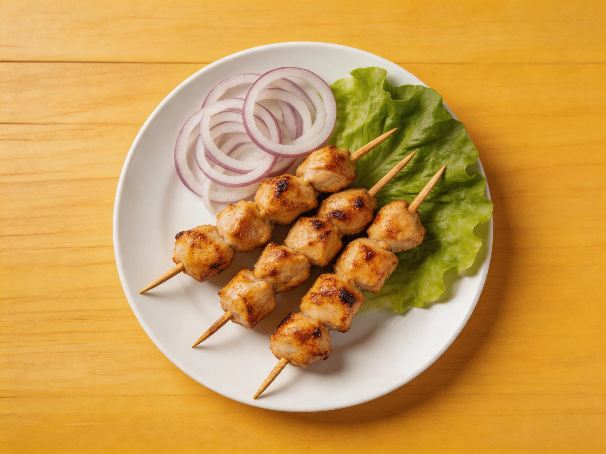 Three grilled chicken skewers with red onion slices and green lettuce on a white plate