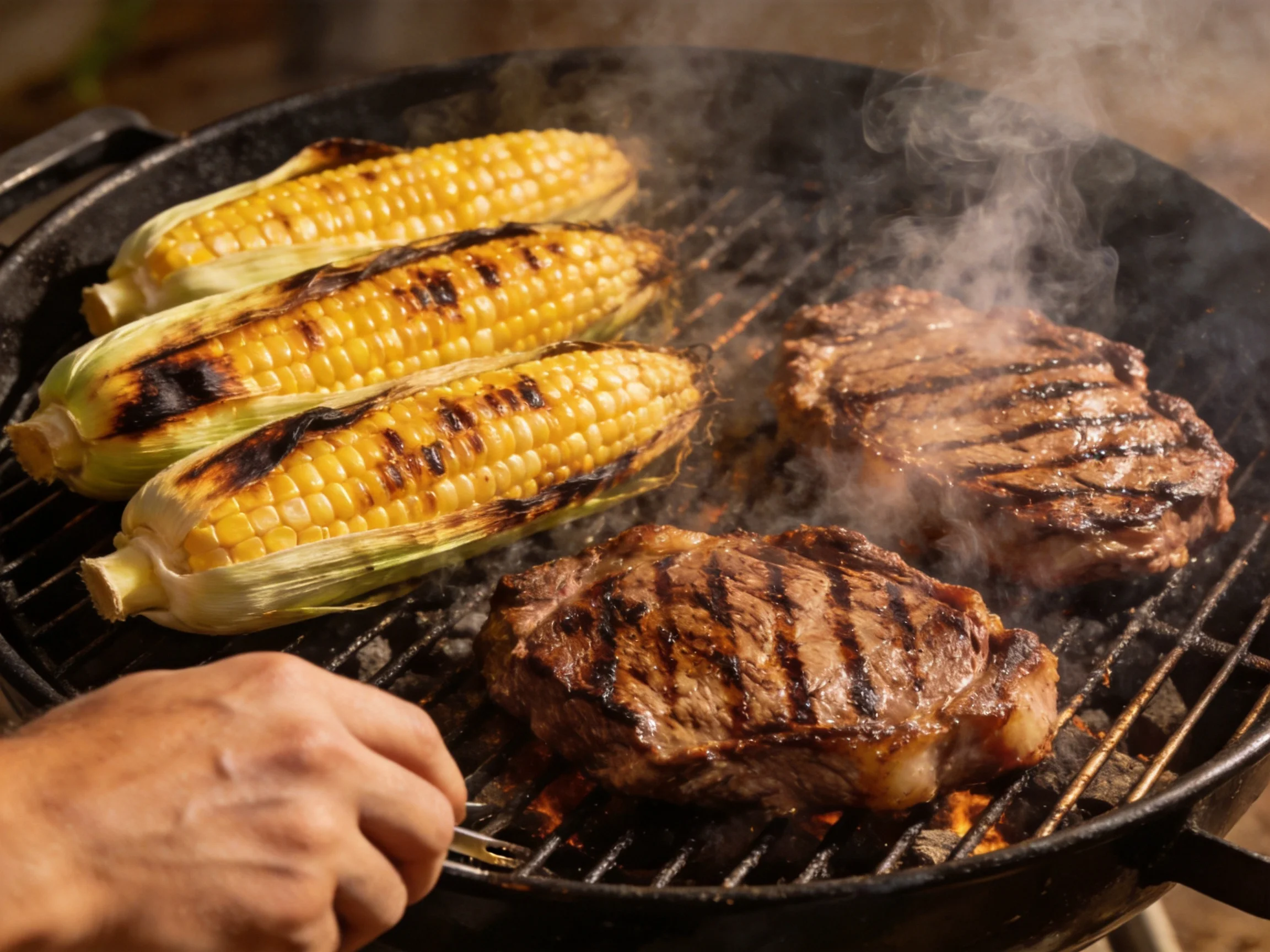 Three grilled corns and two steaks barbecue on a black charcoal grill
