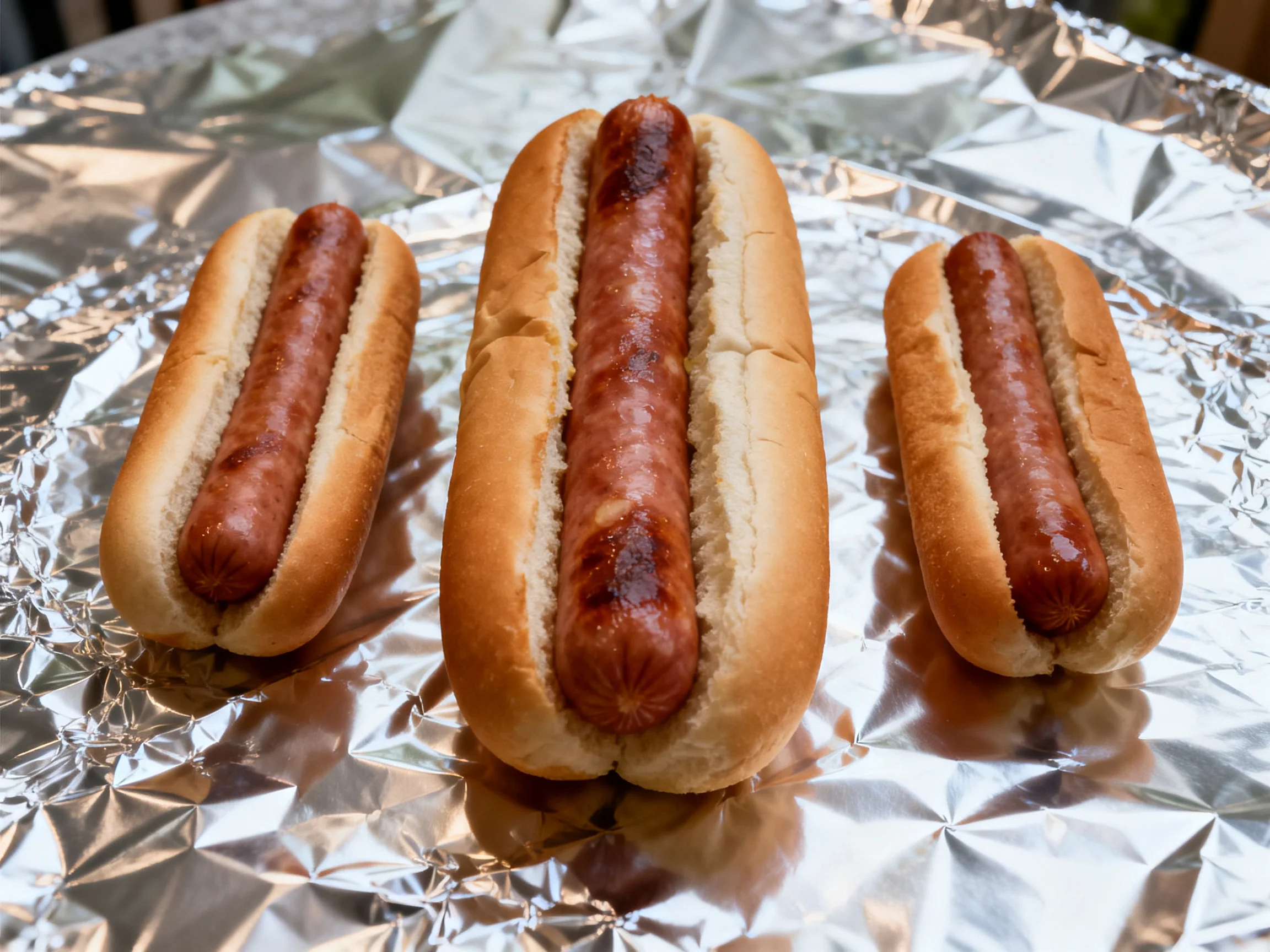 Three grilled hot dogs in soft buns on crinkled aluminum foil