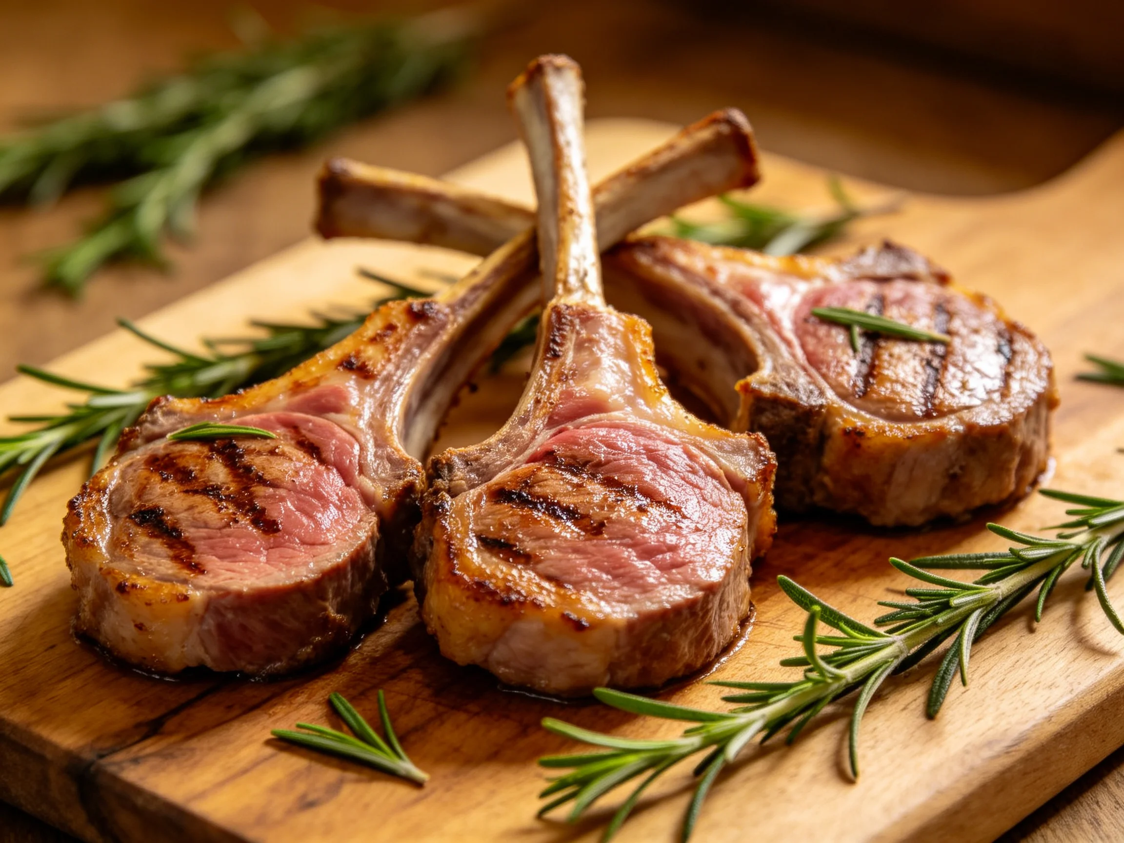 Three grilled lamb chops garnished with rosemary on a wooden cutting board