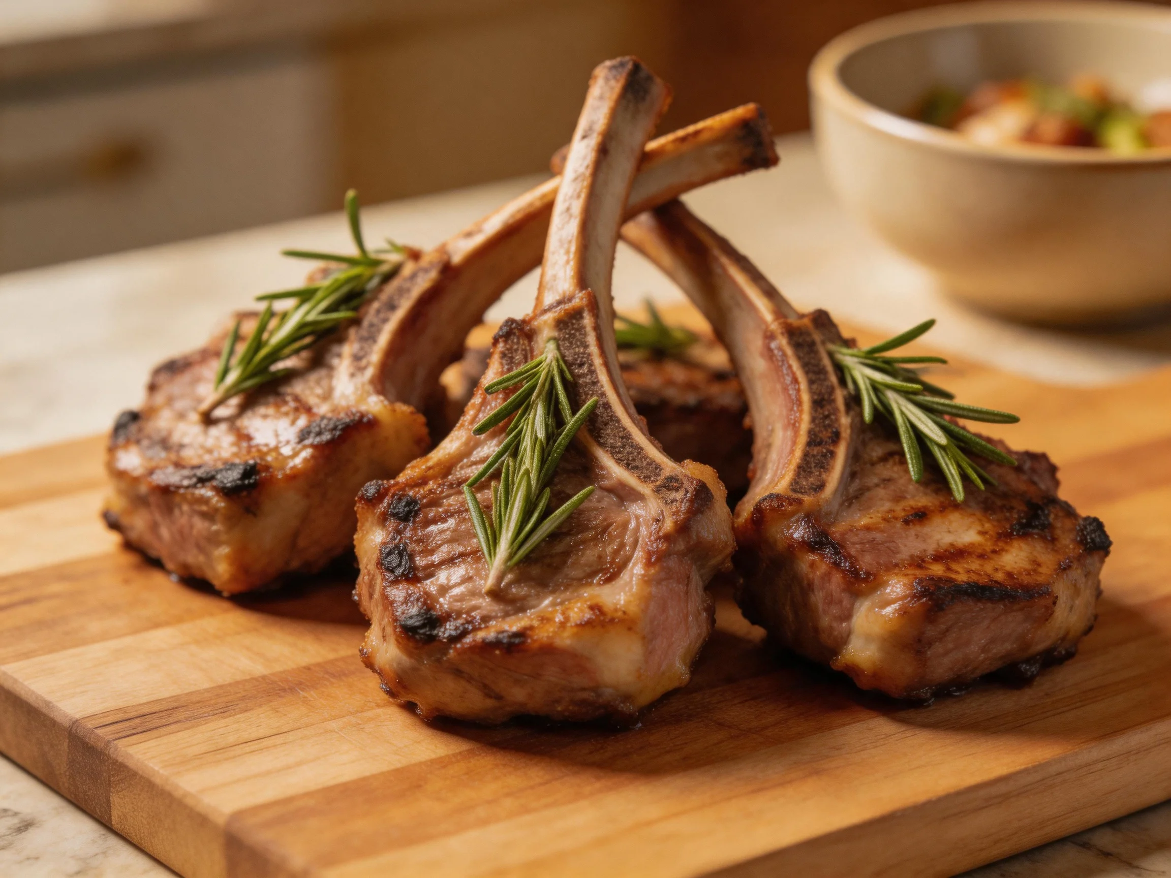 Three grilled lamb chops garnished with rosemary on a wooden cutting board