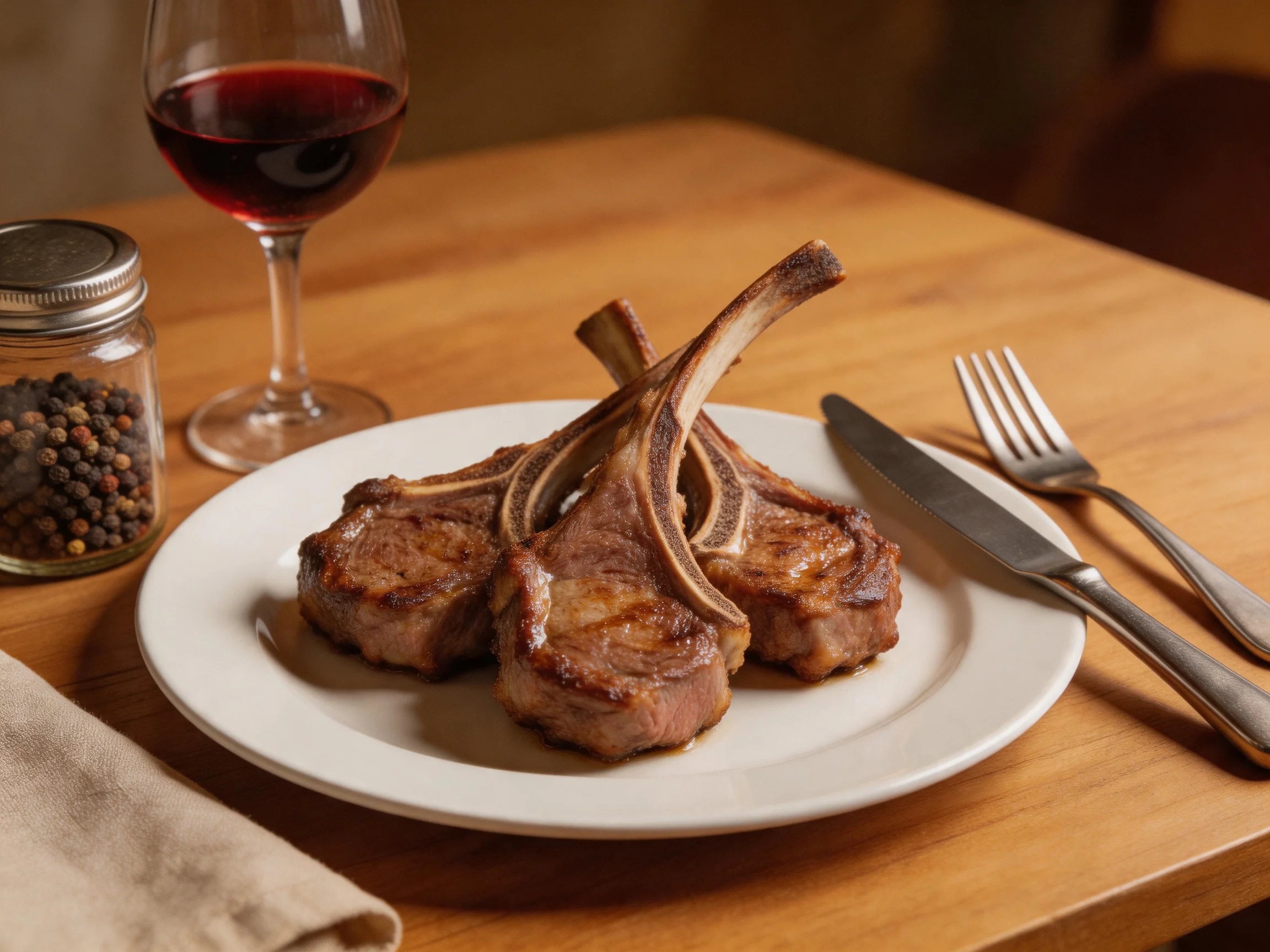 Three grilled lamb chops served with red wine on a wooden table