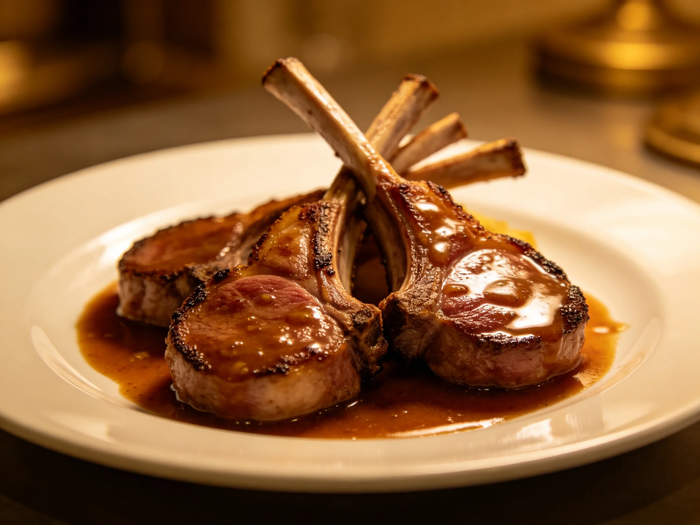 Three grilled lamb chops with rich brown sauce on a white plate