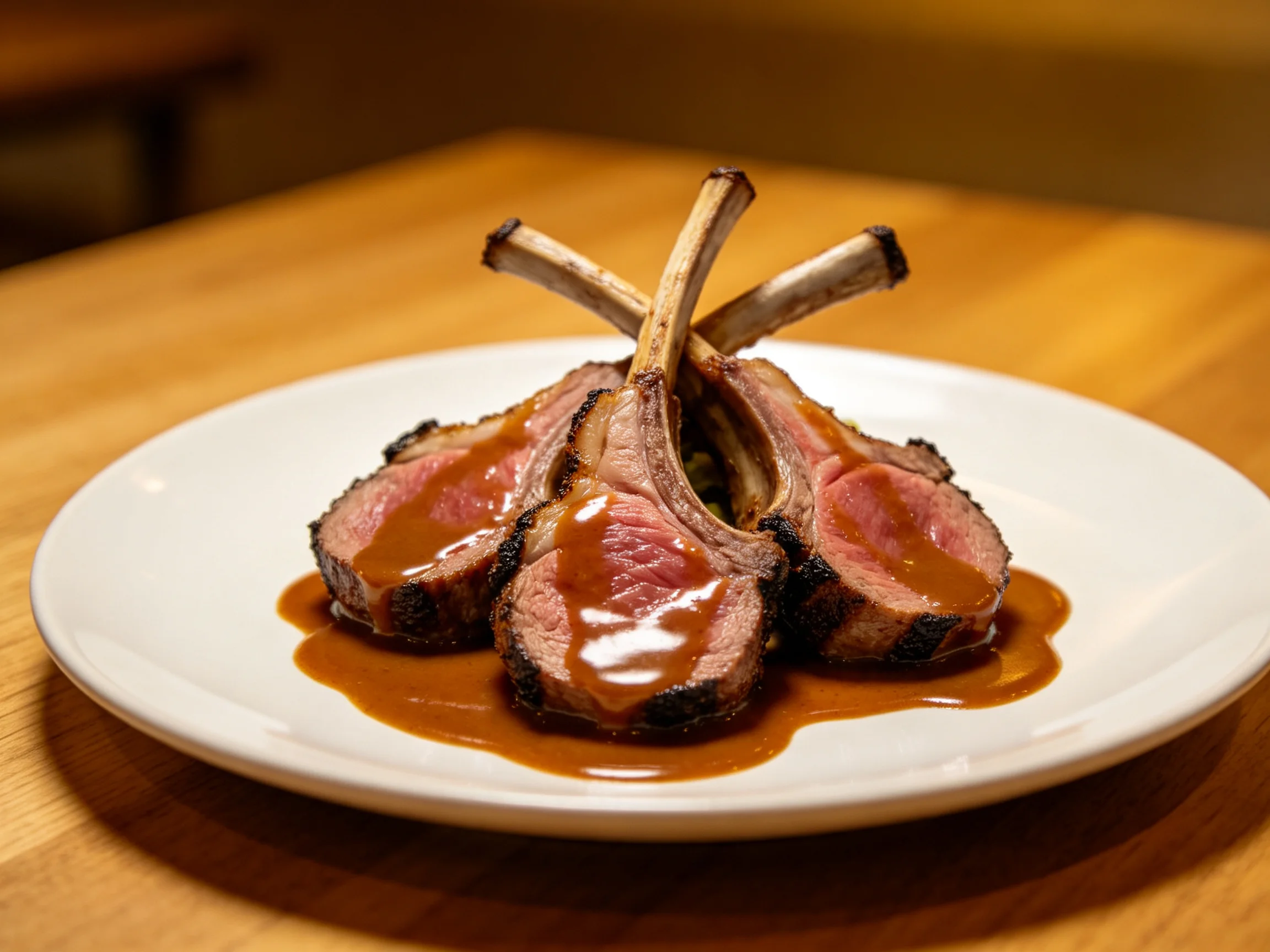 Three grilled lamb chops with rich brown sauce on a white plate