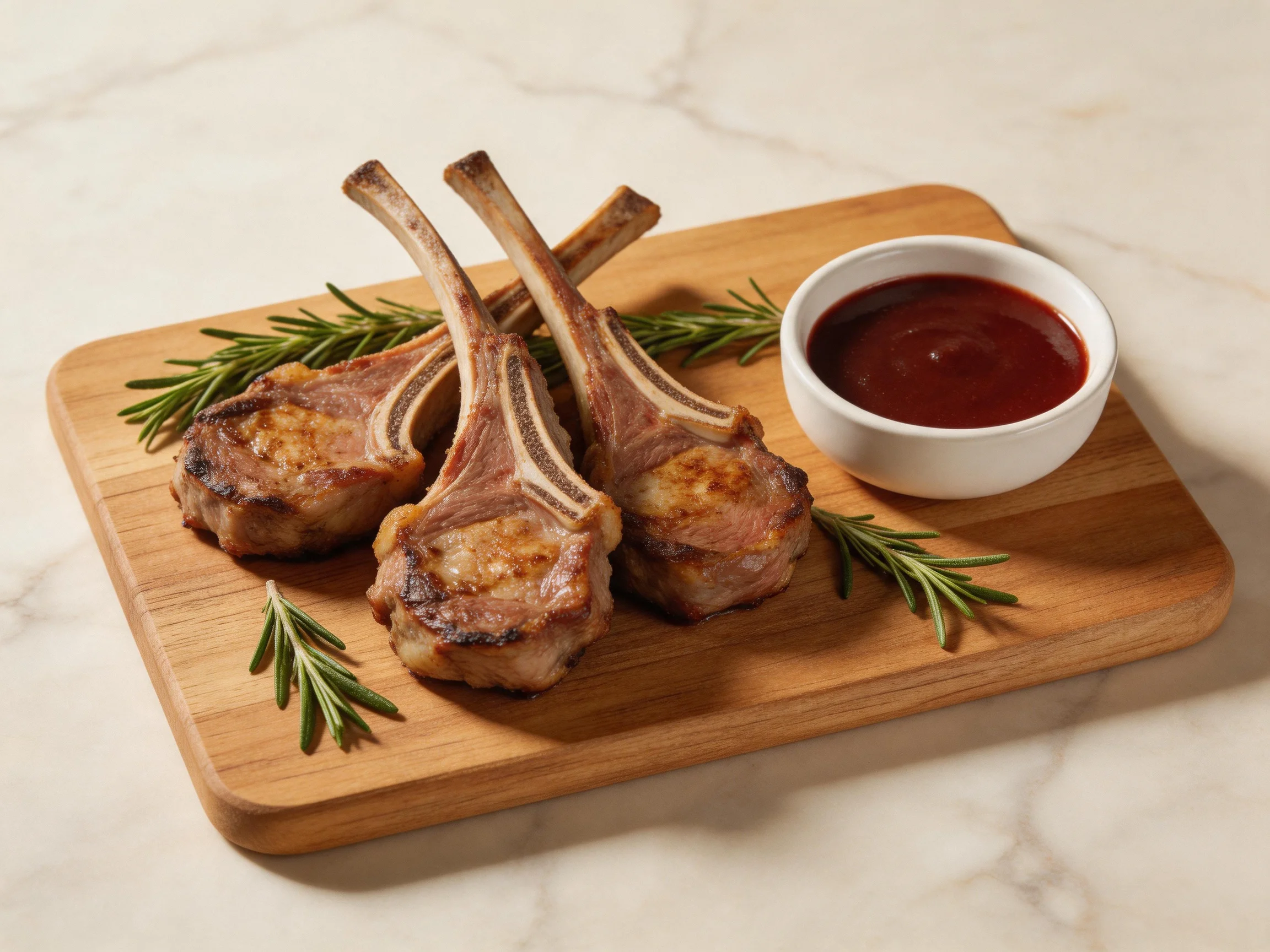 Three grilled lamb chops with rosemary and sauce on a wooden cutting board