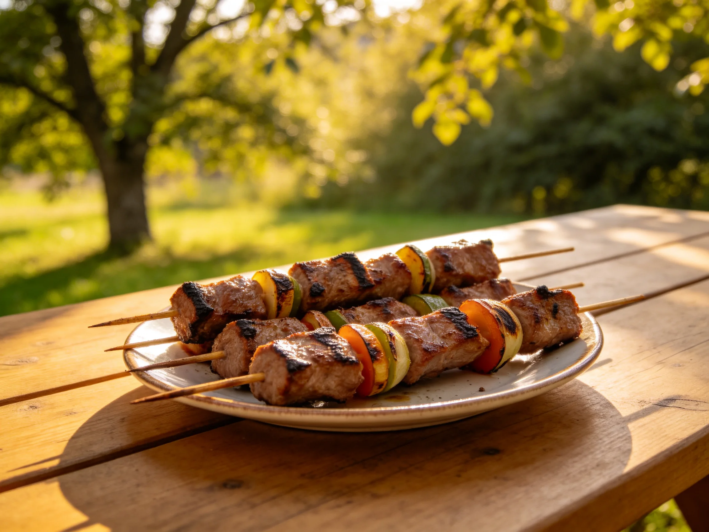 Three grilled meat and veggie skewers on a wooden table in a sunny garden