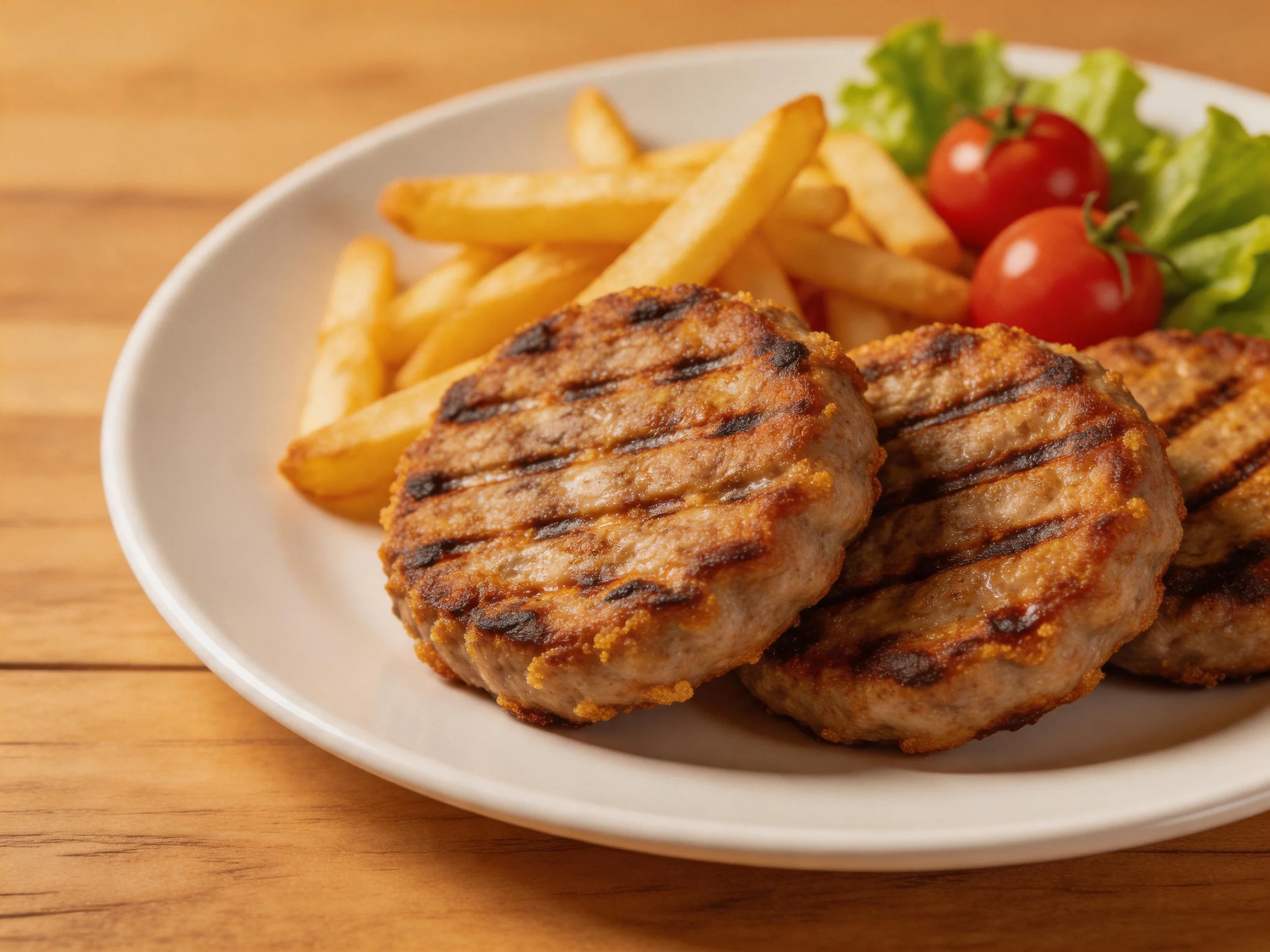 Three grilled meat patties with golden fries, cherry tomatoes, and lettuce on a white plate