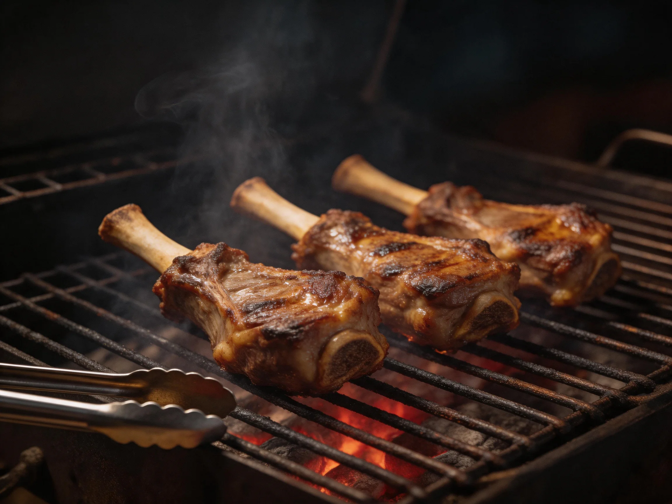 Three grilled meat portions cook over glowing embers on a dark barbecue