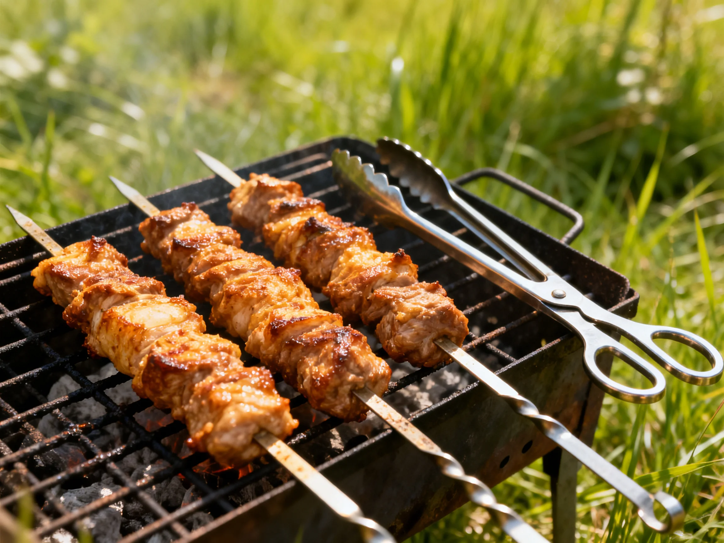 Three grilled meat skewers cook on a small outdoor charcoal grill