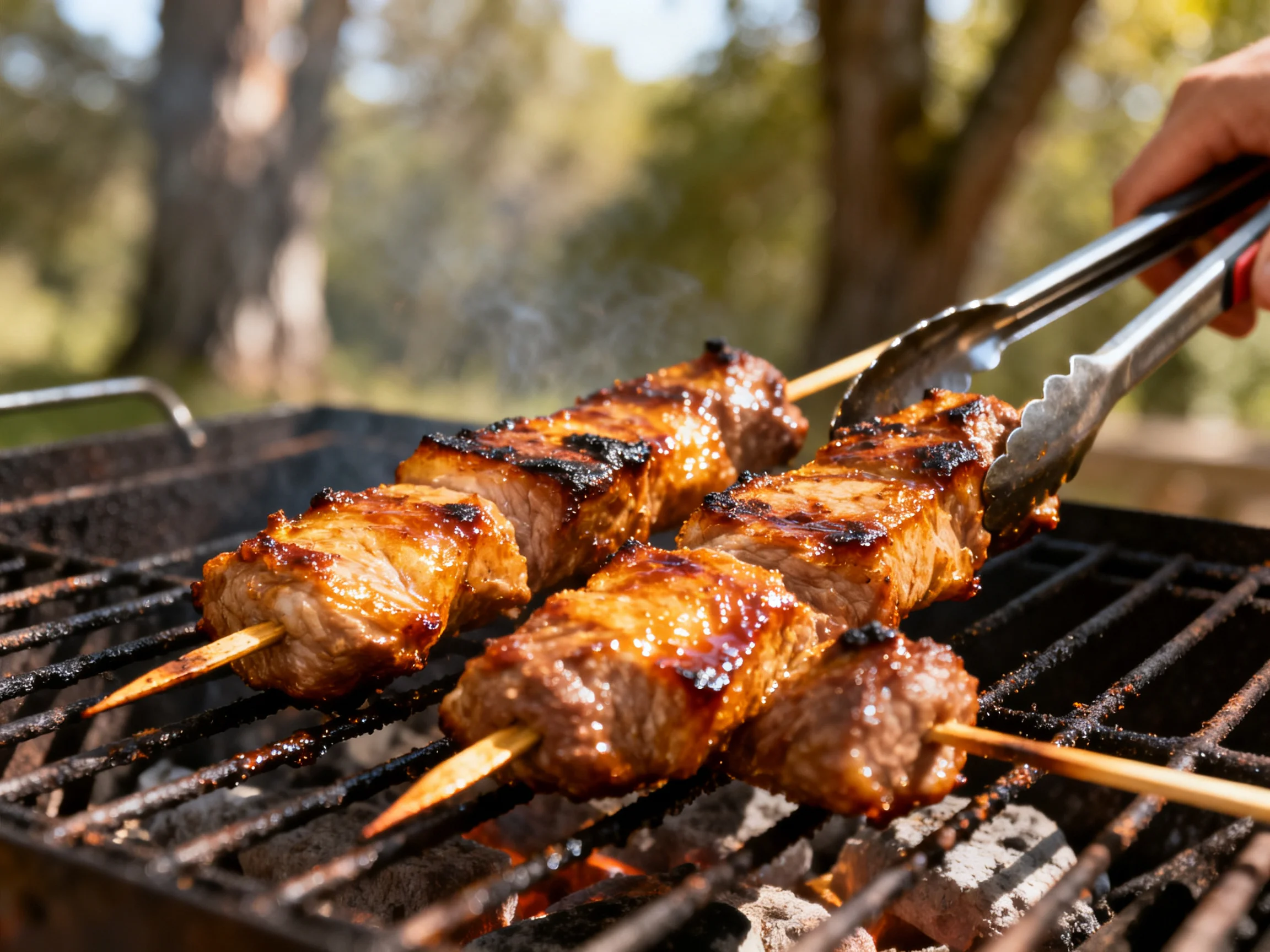 Three grilled meat skewers cooking on an outdoor charcoal grill
