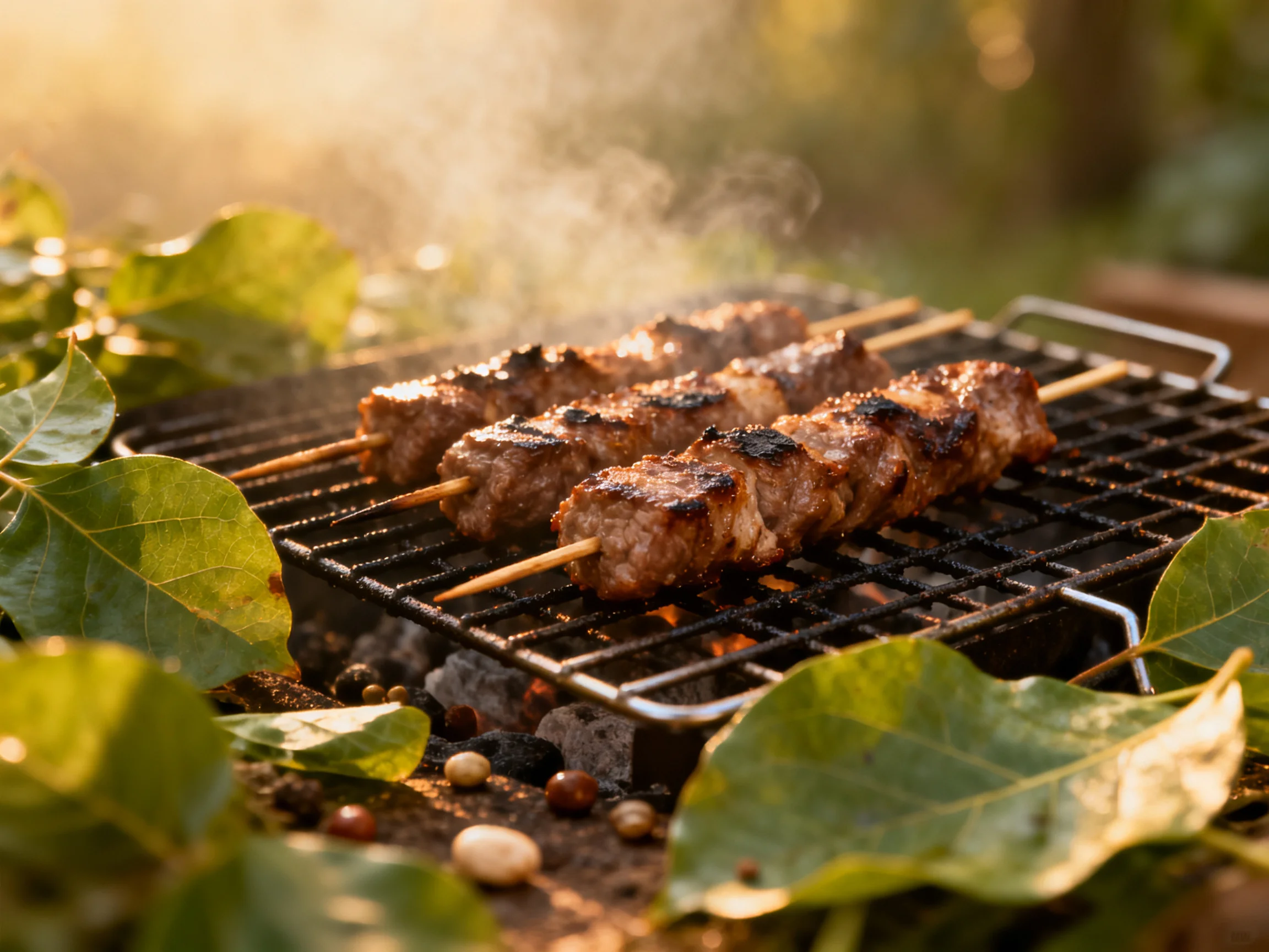 Three grilled meat skewers sizzle over coals amid lush green foliage