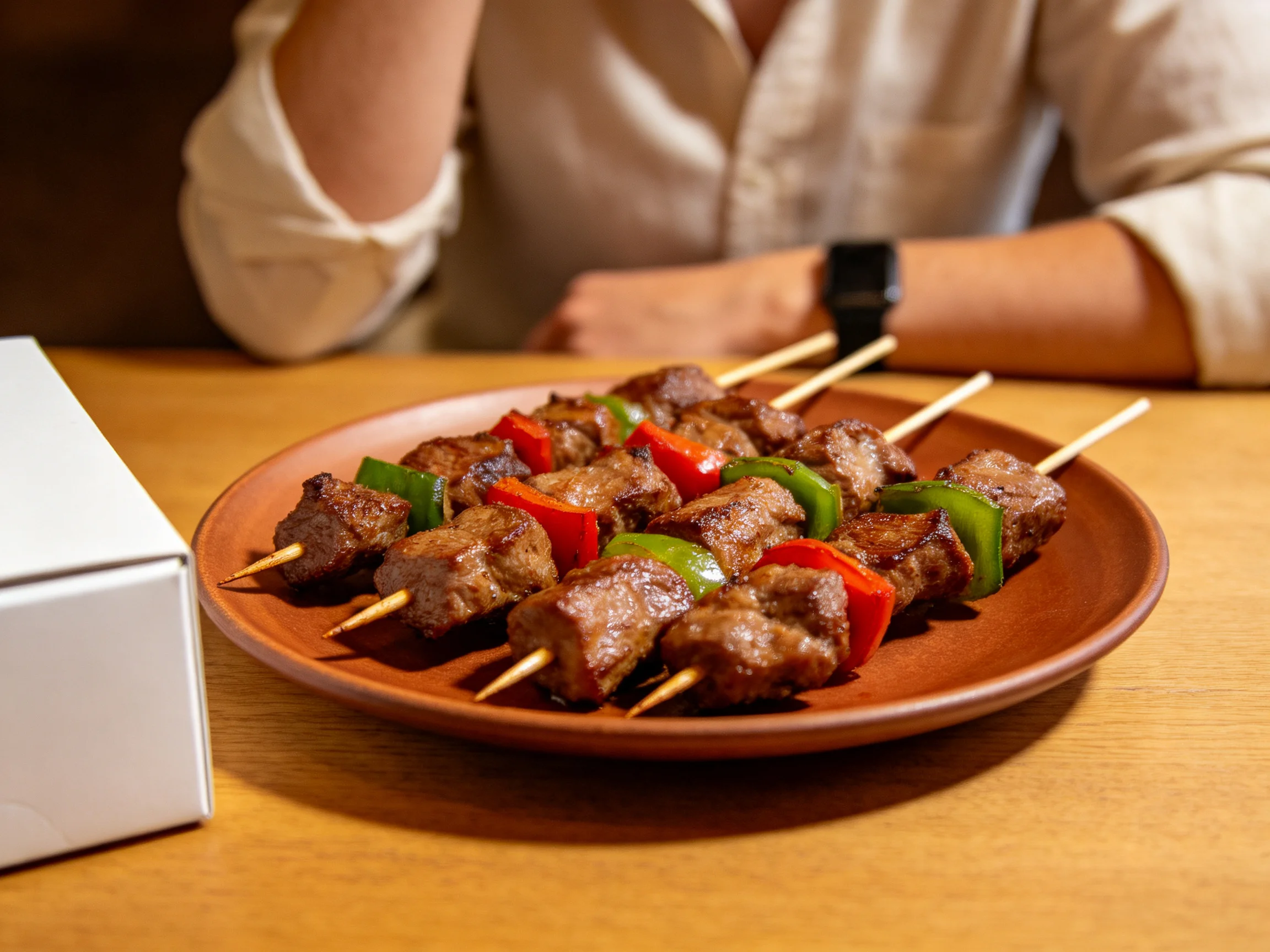 Three grilled meat skewers with red and green peppers on a terracotta plate