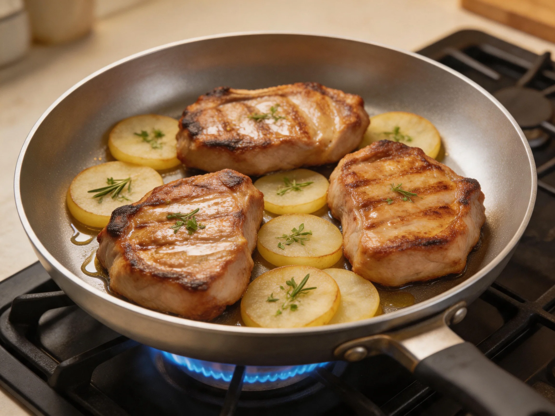 Three grilled pork chops with potato slices cooking in a stainless steel pan