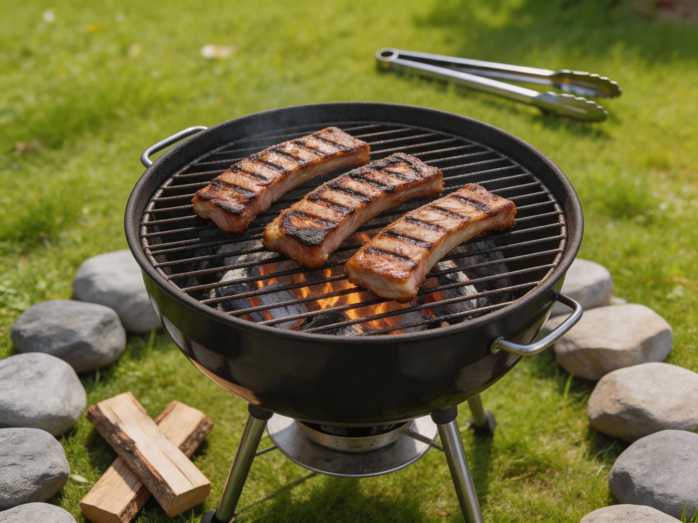 Three grilled pork ribs sizzle on a black charcoal grill outdoors.