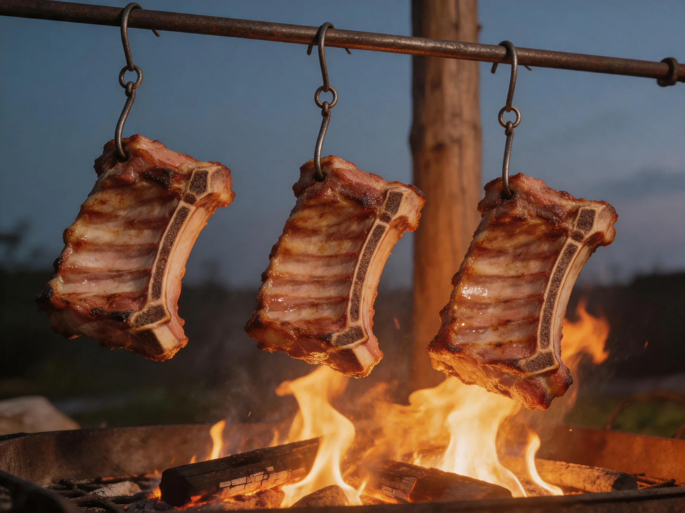 Three grilled pork ribs suspended over an open flame