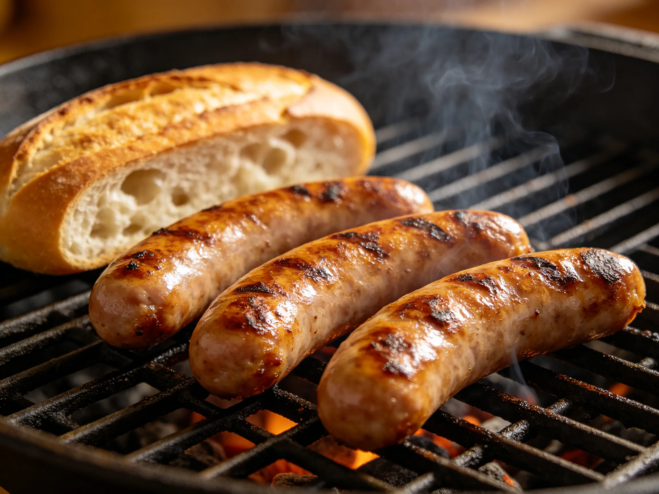 Three grilled sausages and a crusty baguette half on a charcoal grill