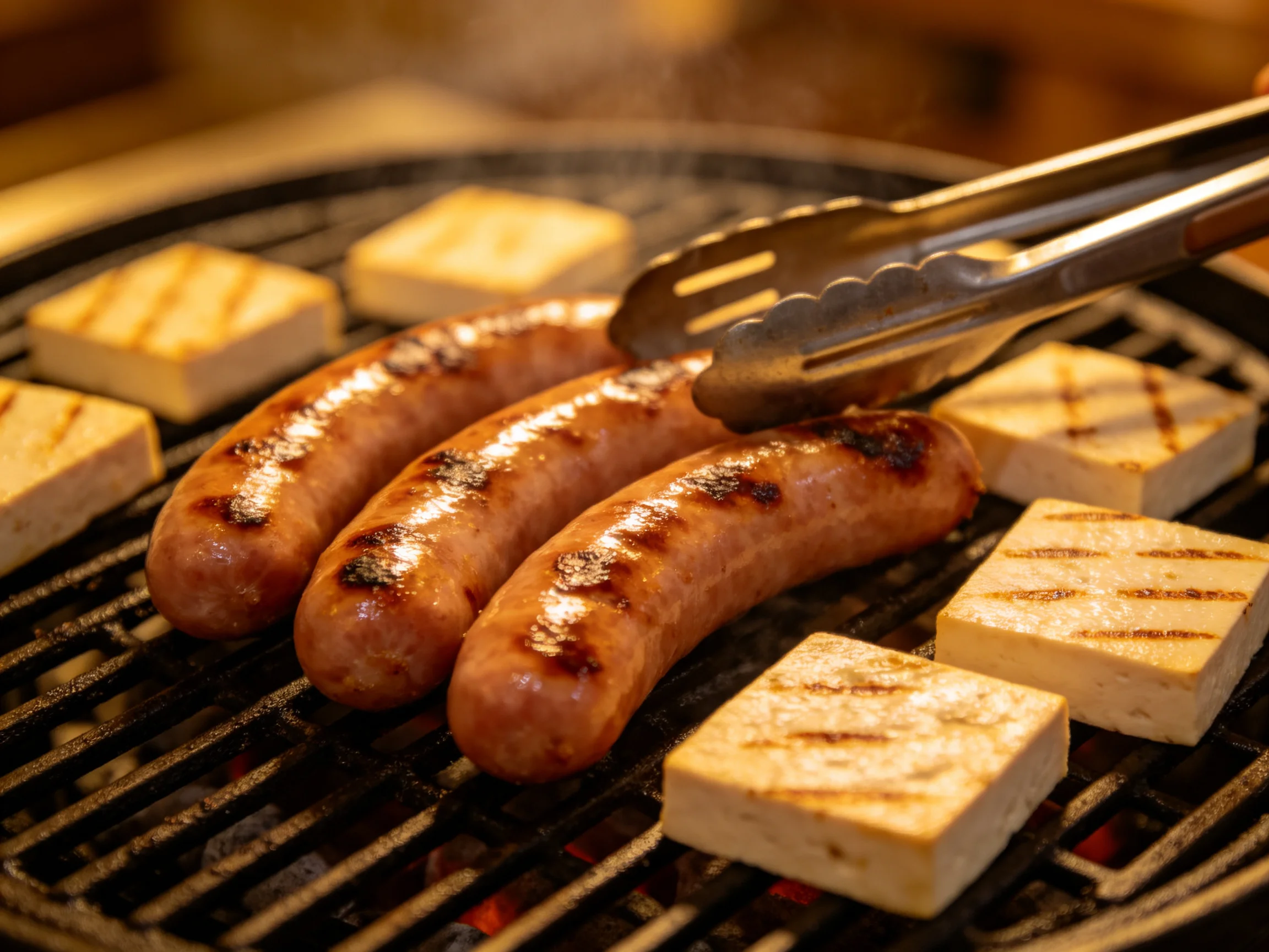Three grilled sausages and tofu cubes cook on a barbecue