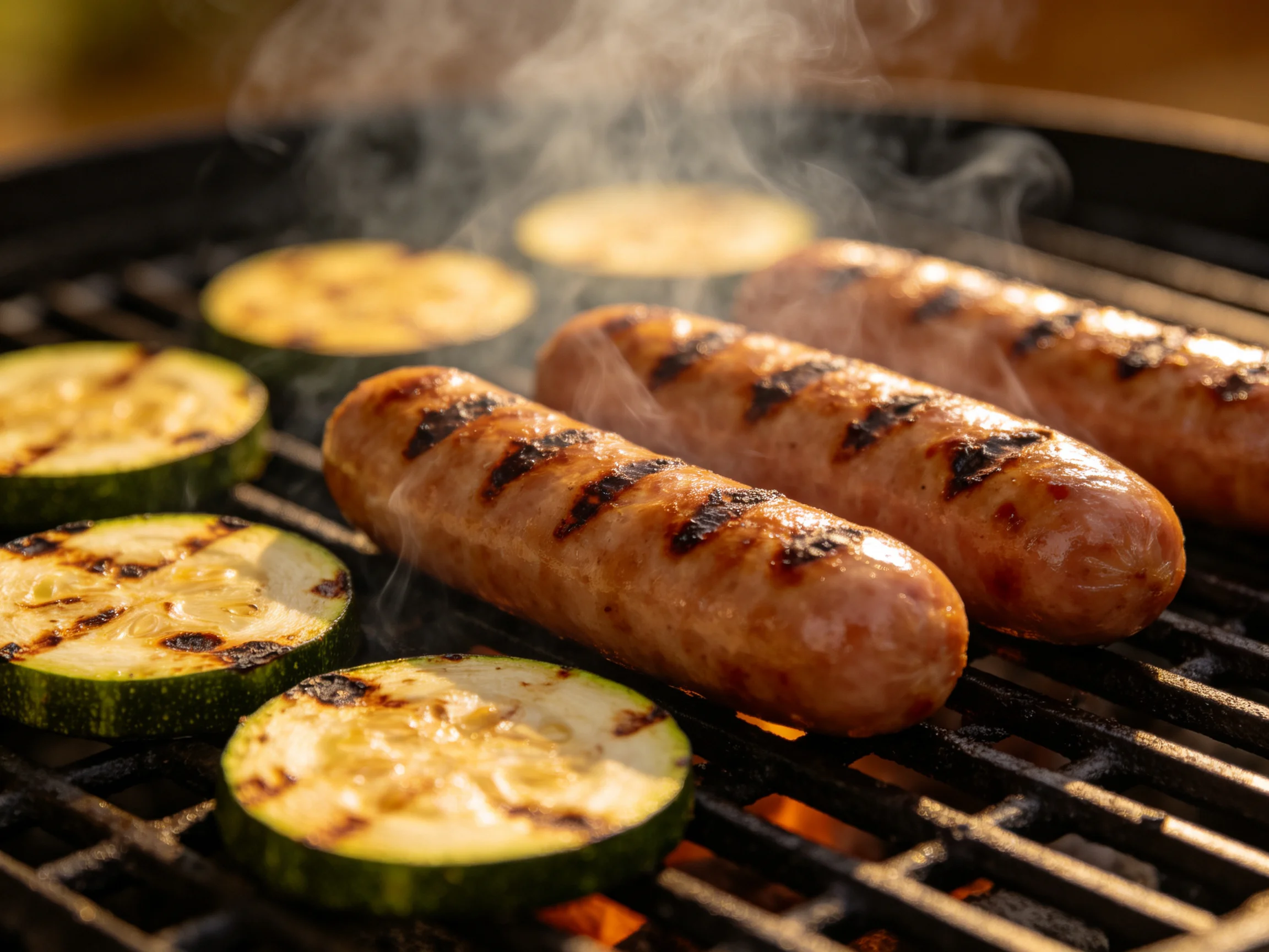 Three grilled sausages and zucchini slices sizzling on a barbecue grill
