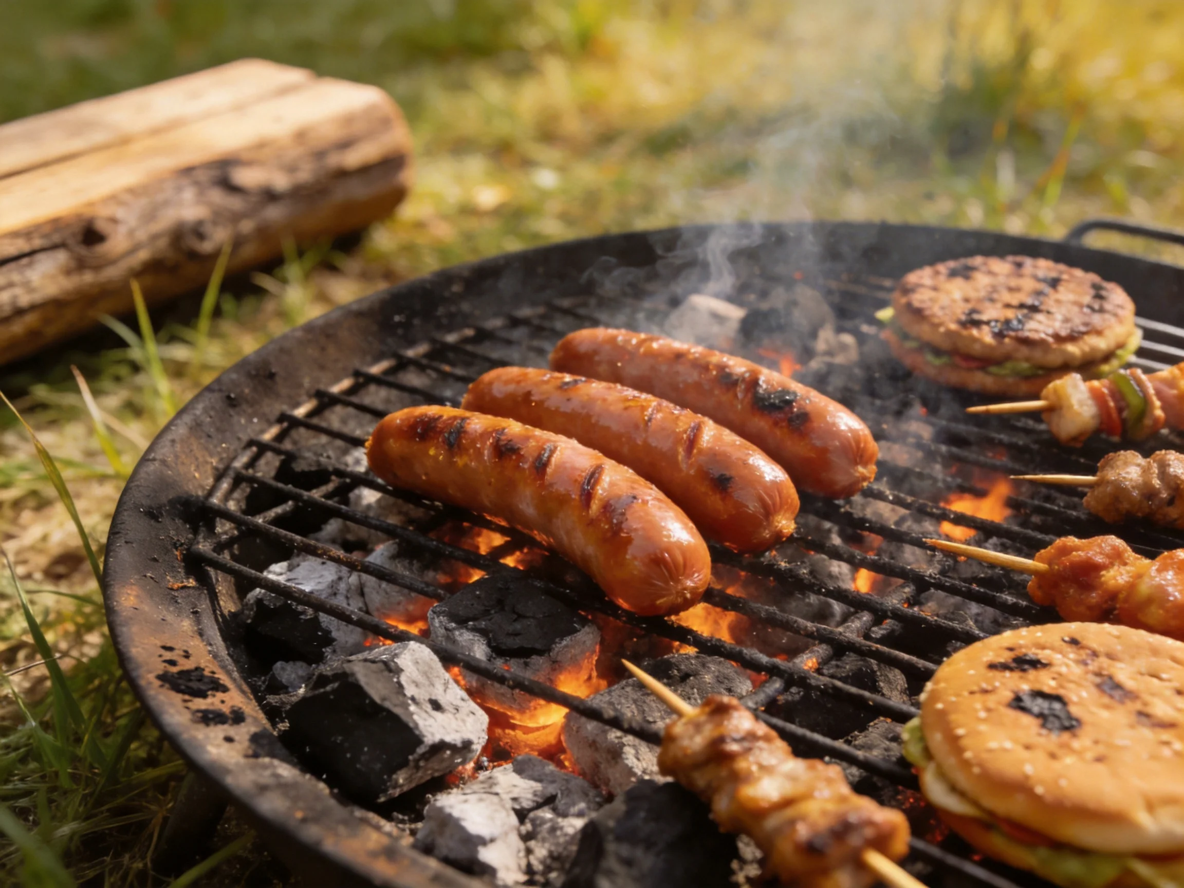 Three grilled sausages, burgers, and skewers cook over flaming charcoal outdoors