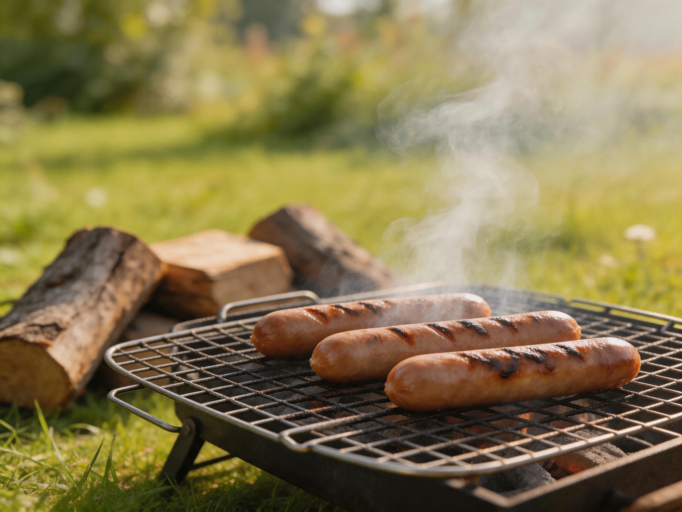 Three grilled sausages cook on a portable barbecue near firewood
