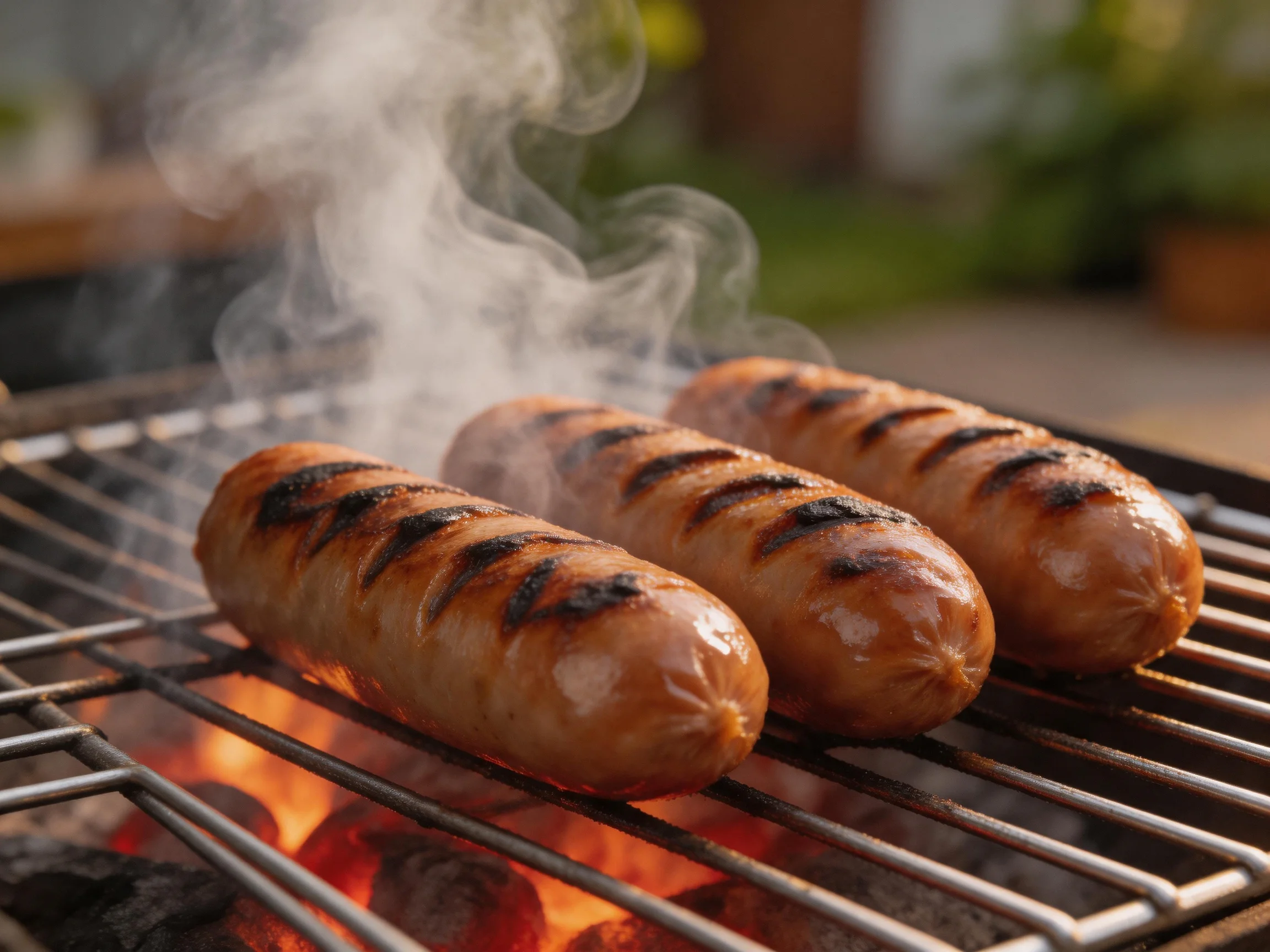 Three grilled sausages cook over glowing embers with rising smoke