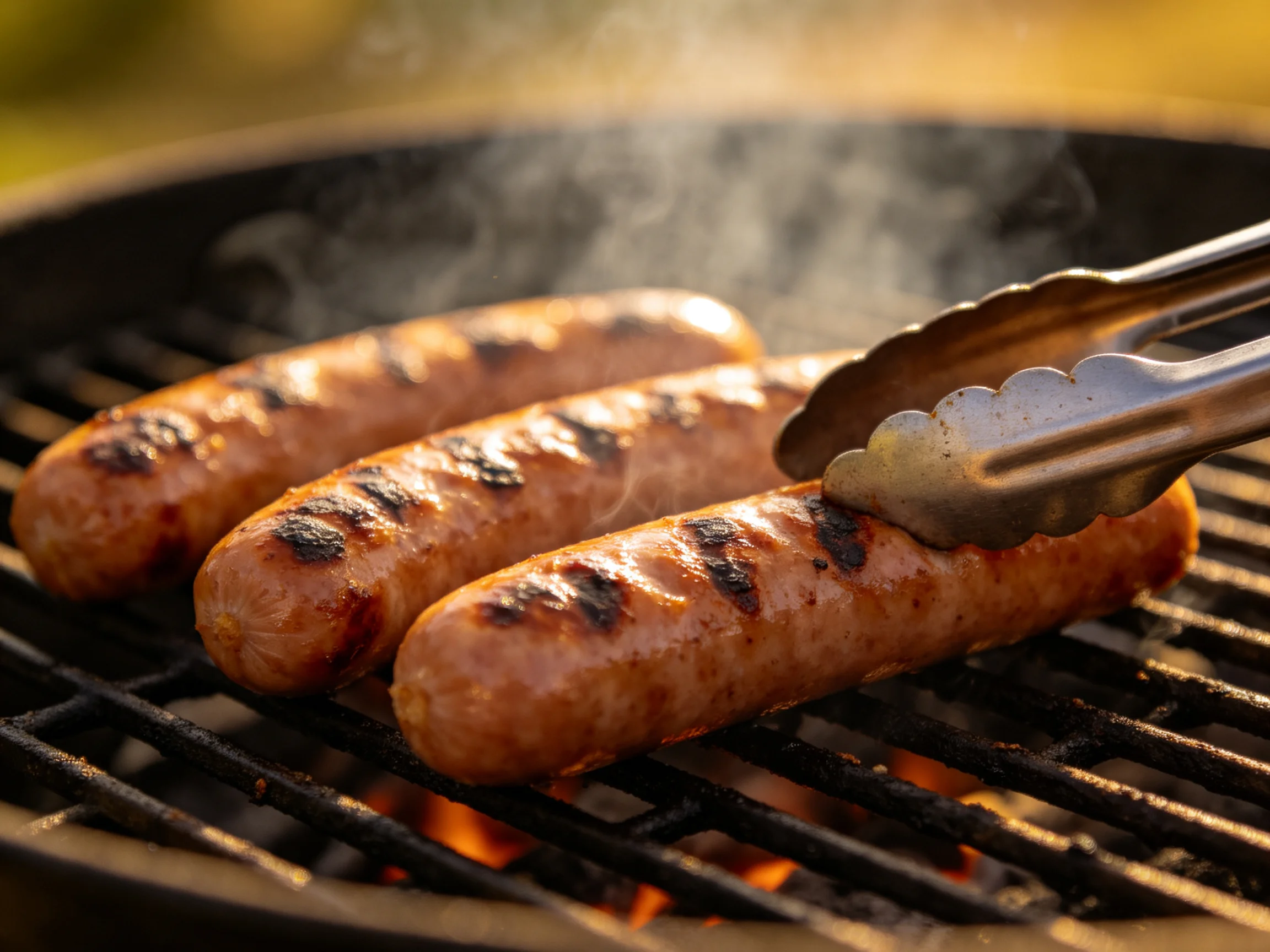 Three grilled sausages cooking on a charcoal grill with tongs