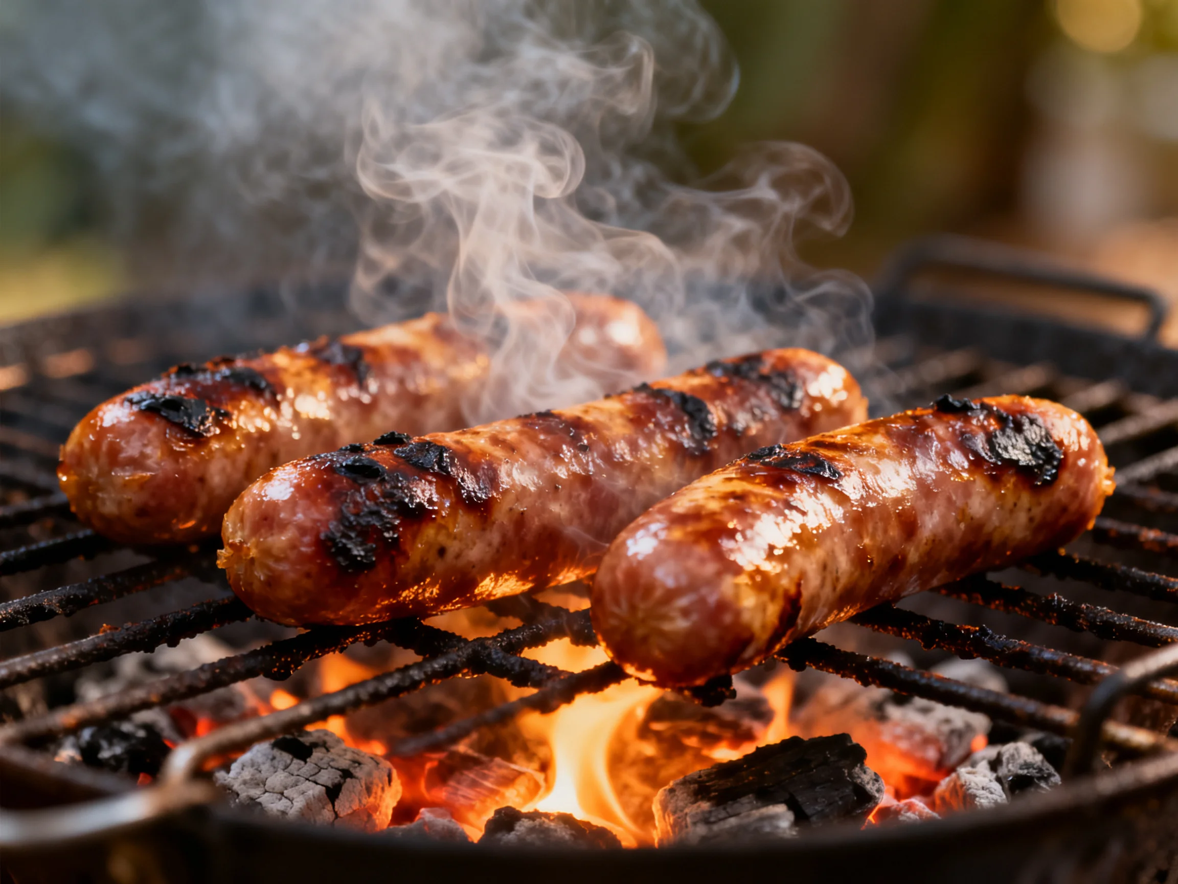 Three grilled sausages cooking over glowing charcoal embers