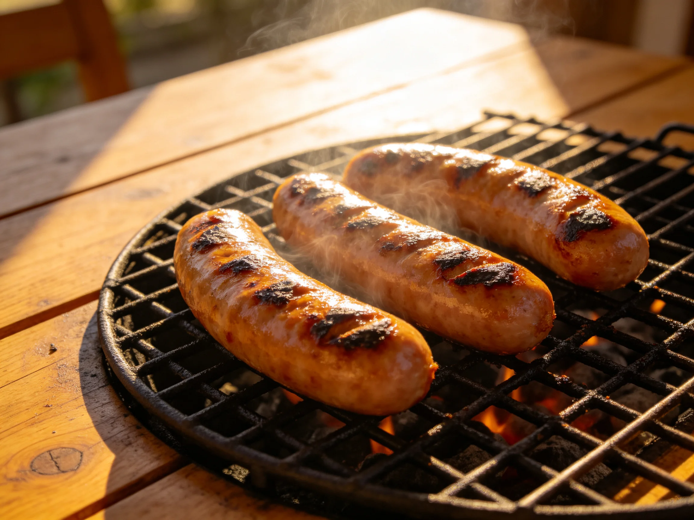 Three grilled sausages sizzle over an open flame on a wooden table