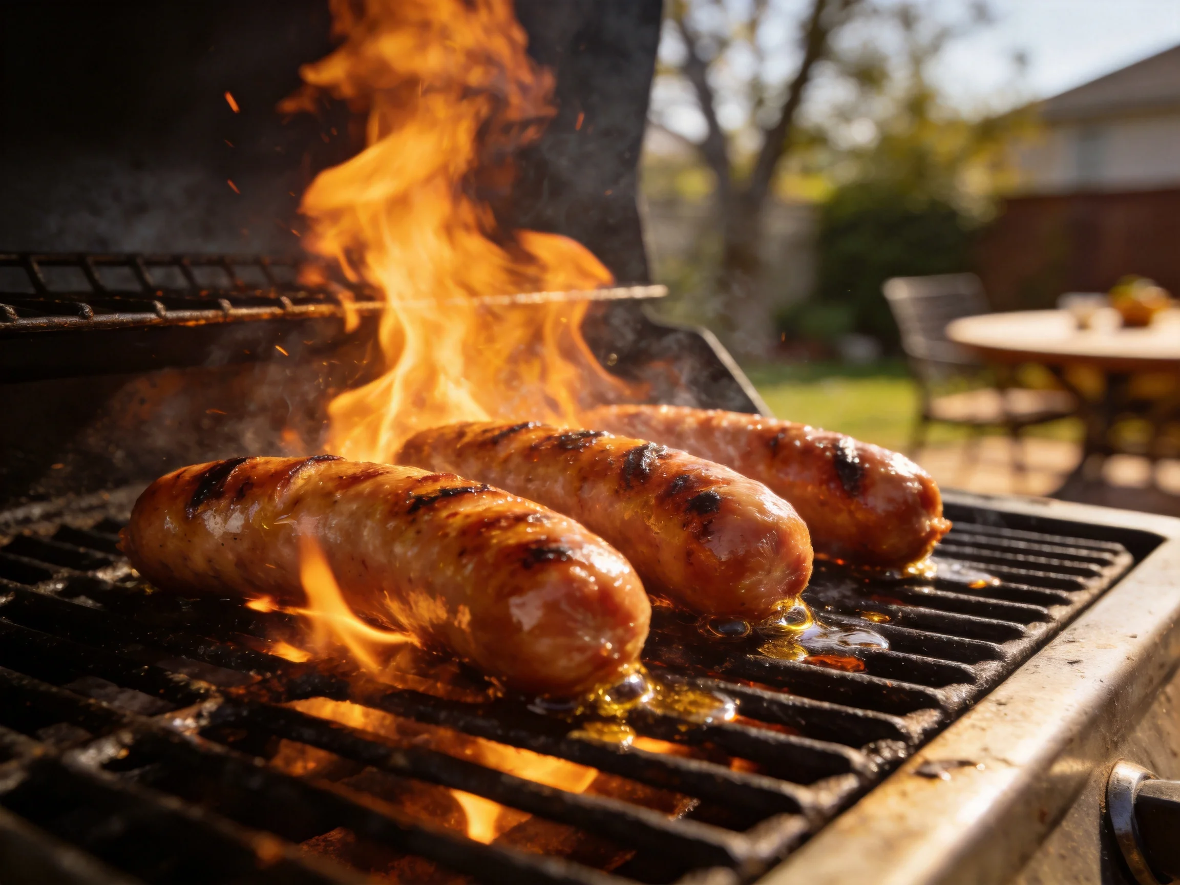 Three grilled sausages sizzle over bright flames on an outdoor barbecue