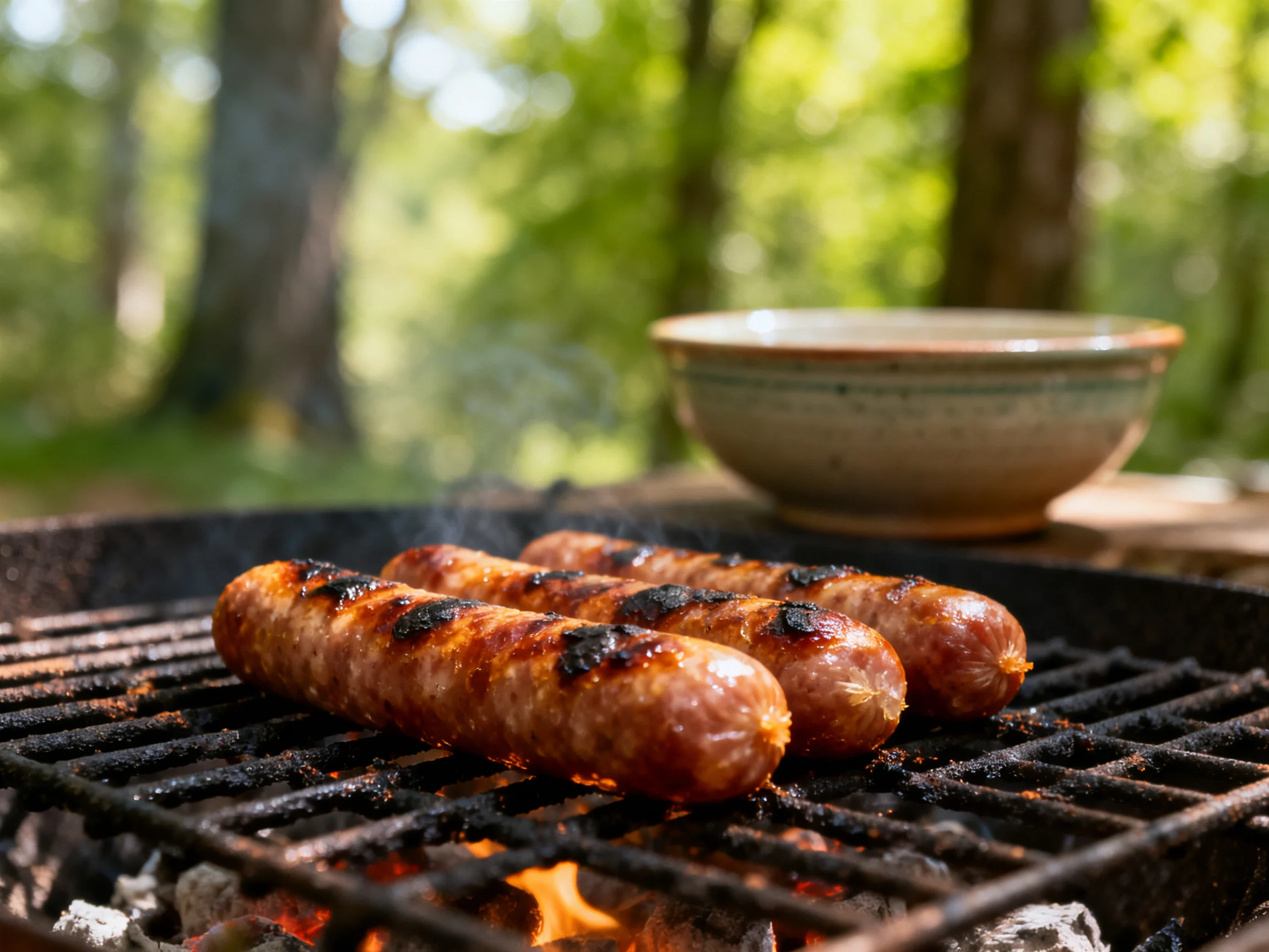Three grilled sausages sizzle over charcoal near a ceramic bowl