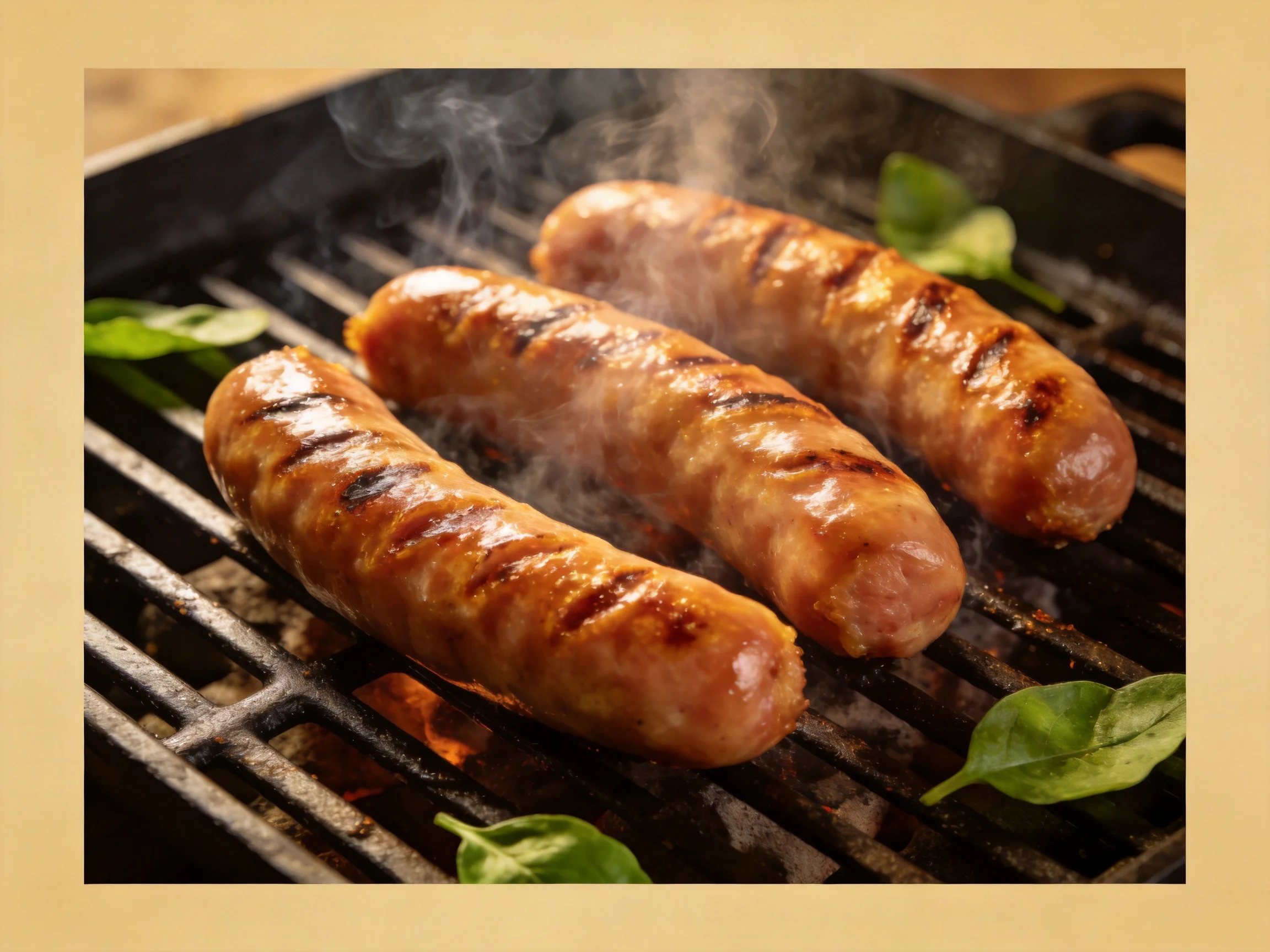 Three grilled sausages sizzling on a black grill with basil leaves
