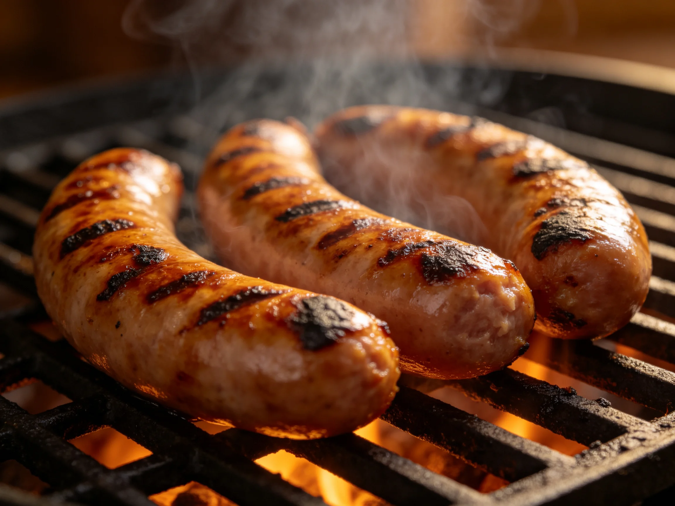 Three grilled sausages with charred grill marks sizzle over glowing embers