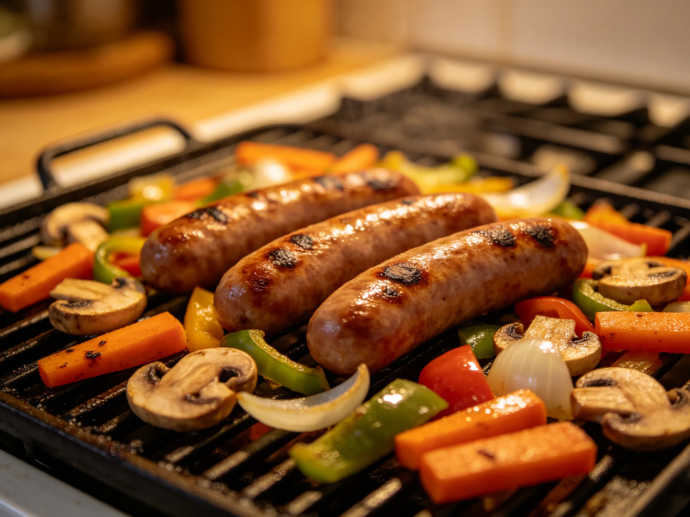 Three grilled sausages with colorful vegetables on a black grill