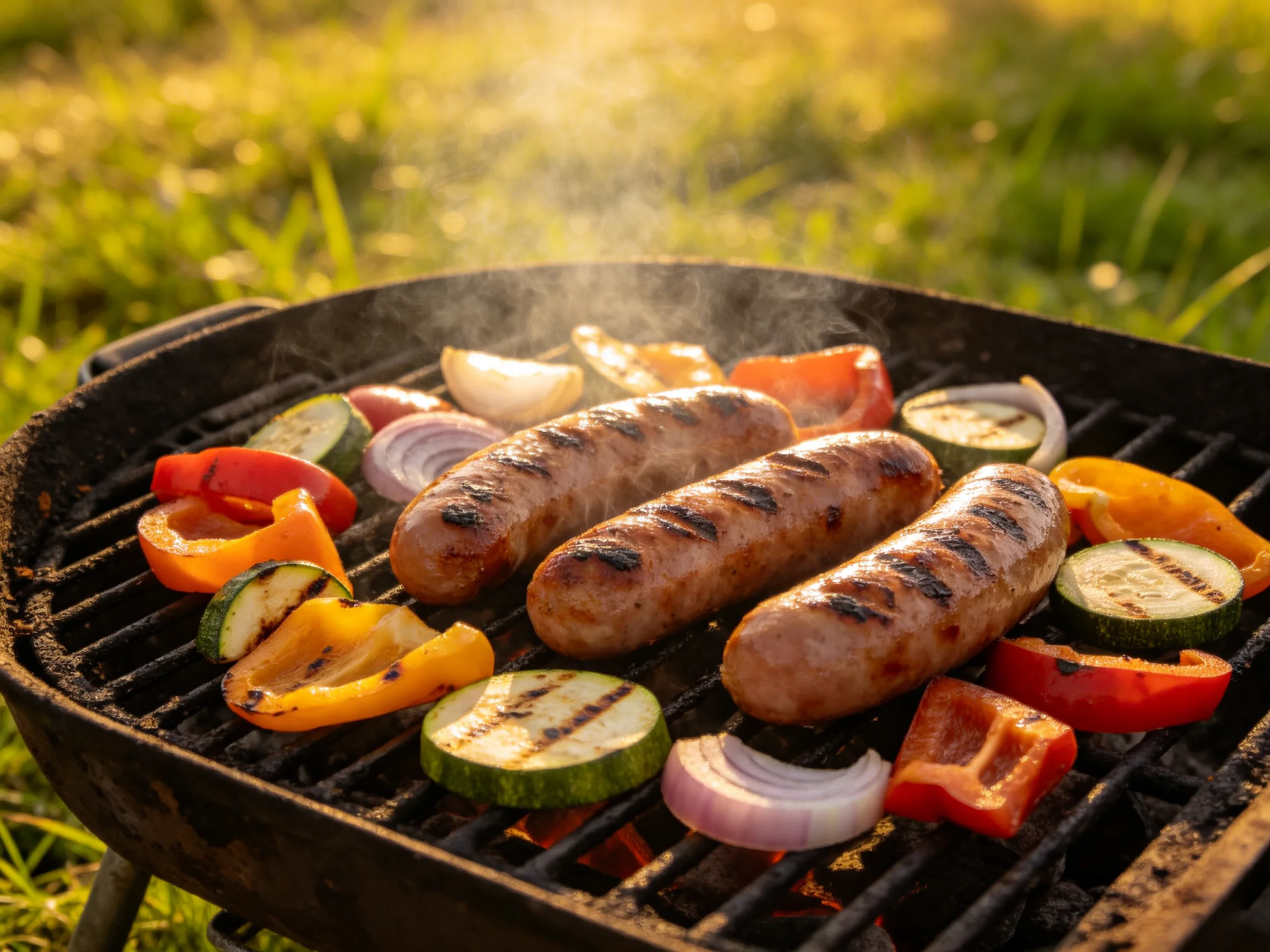 Three grilled sausages with colorful vegetables on an outdoor barbecue