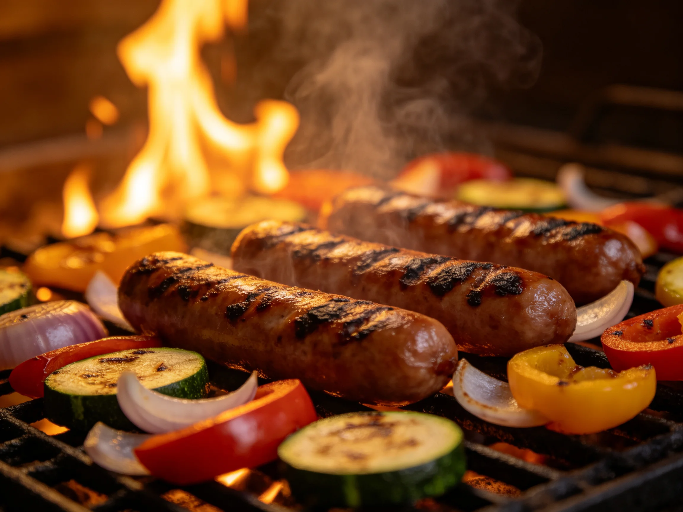 Three grilled sausages with colorful vegetables over an open flame
