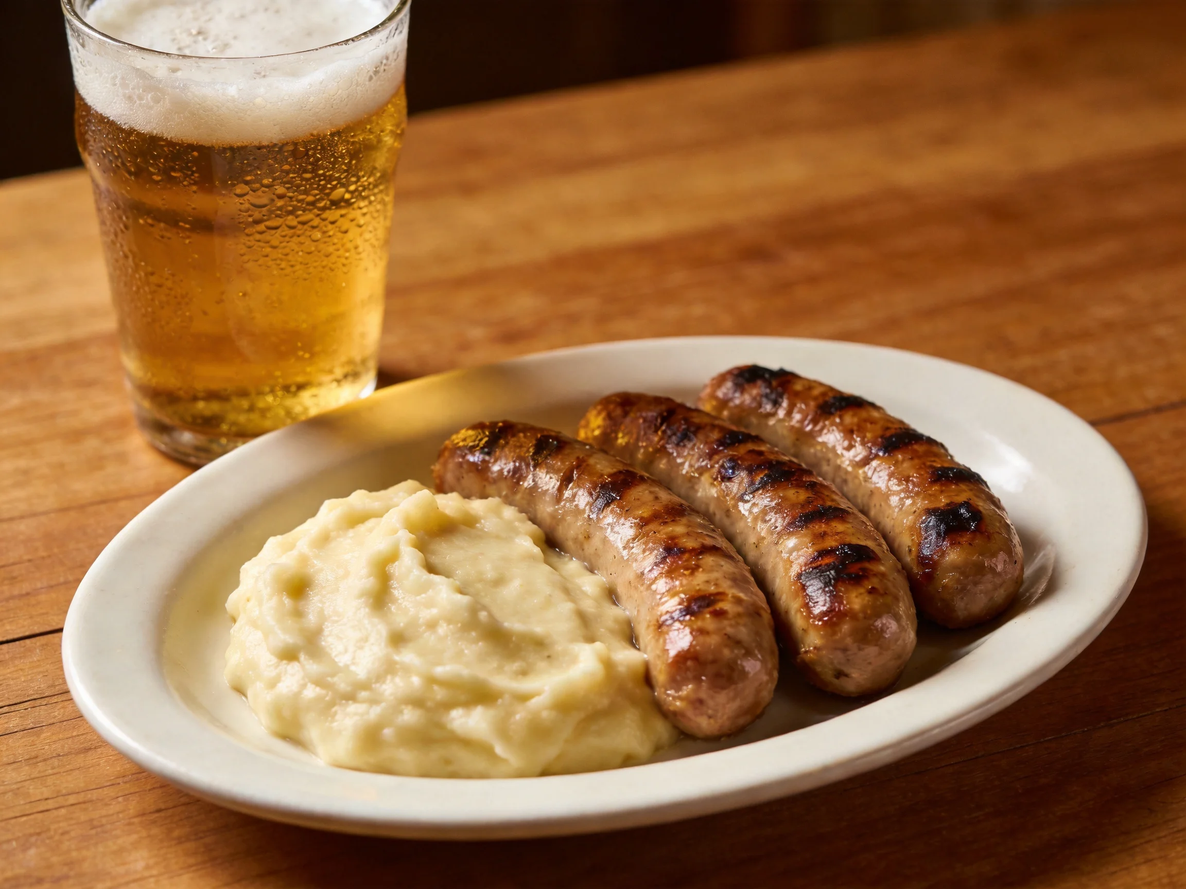 Grilled sausages and mashed potatoes served with a beer