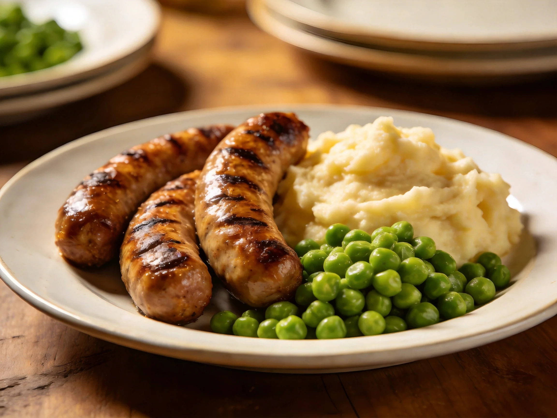 Three grilled sausages with mashed potatoes and green peas