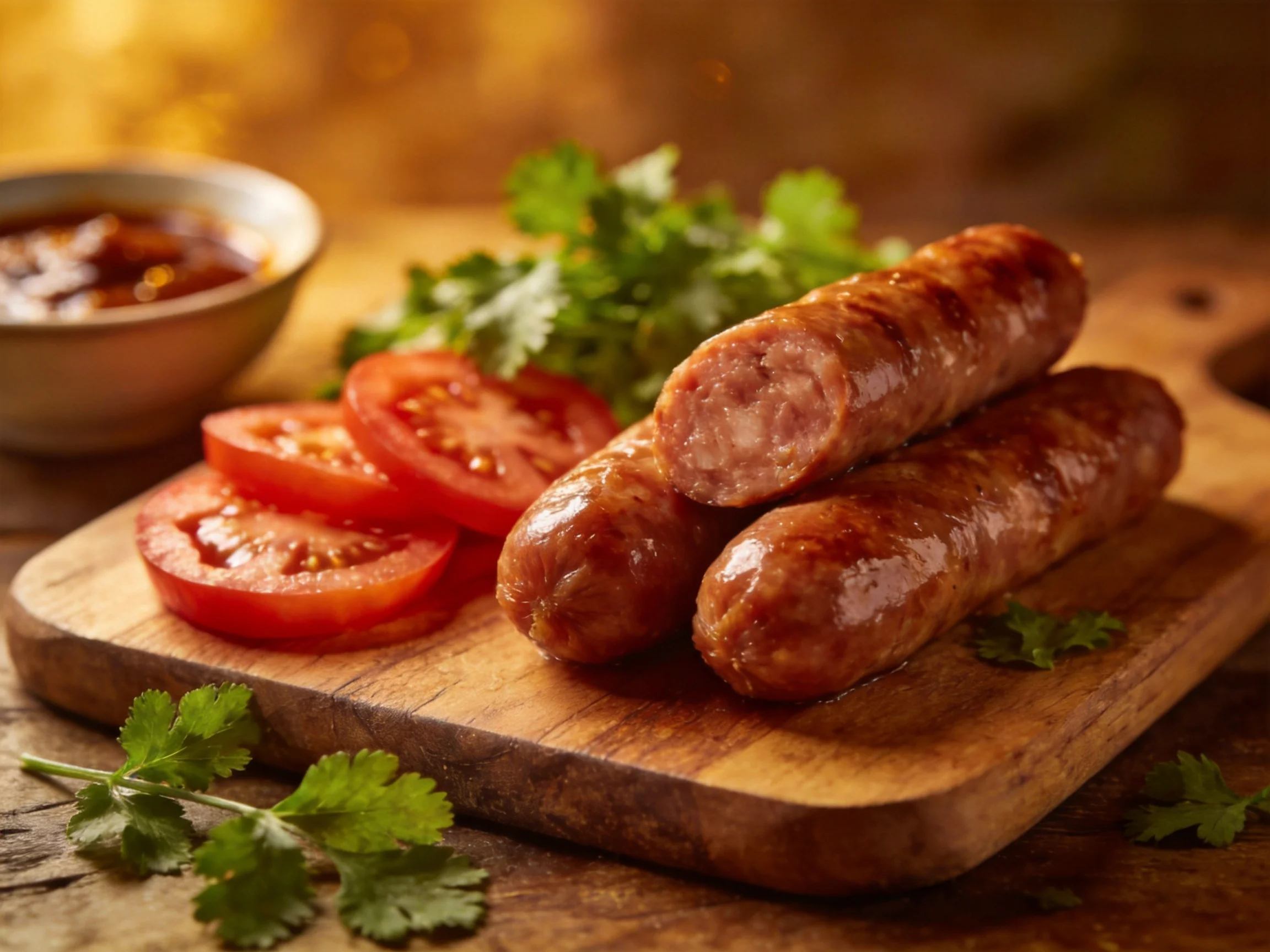Three grilled sausages with sliced tomatoes and fresh cilantro on a wooden board