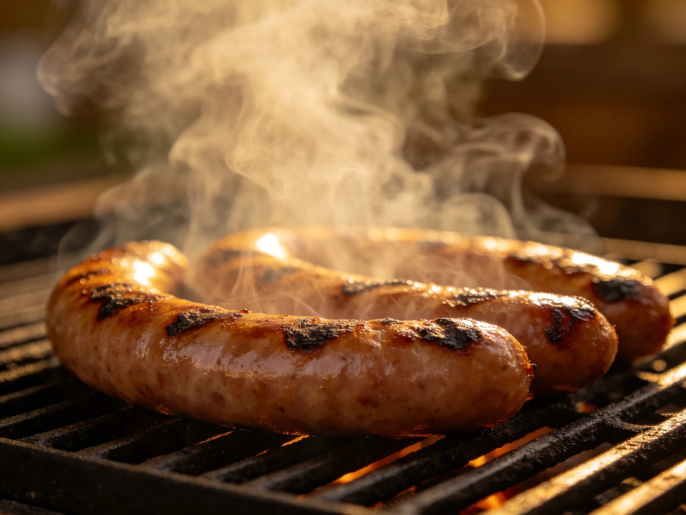 Three grilled sausages with smoky steam on a barbecue grill