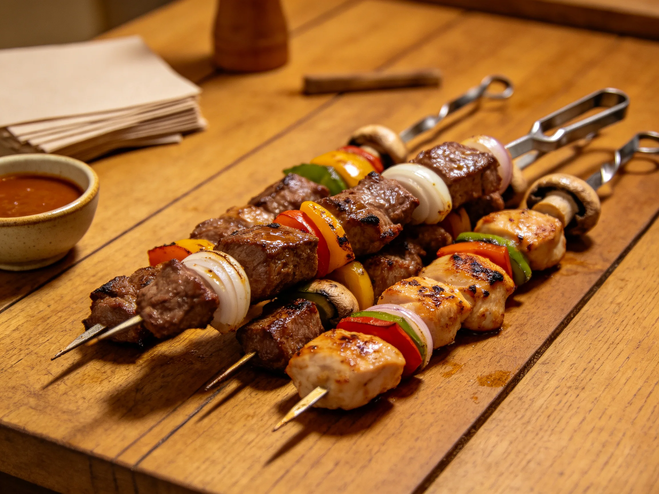 Three grilled skewers with meats and veggies on a wooden board