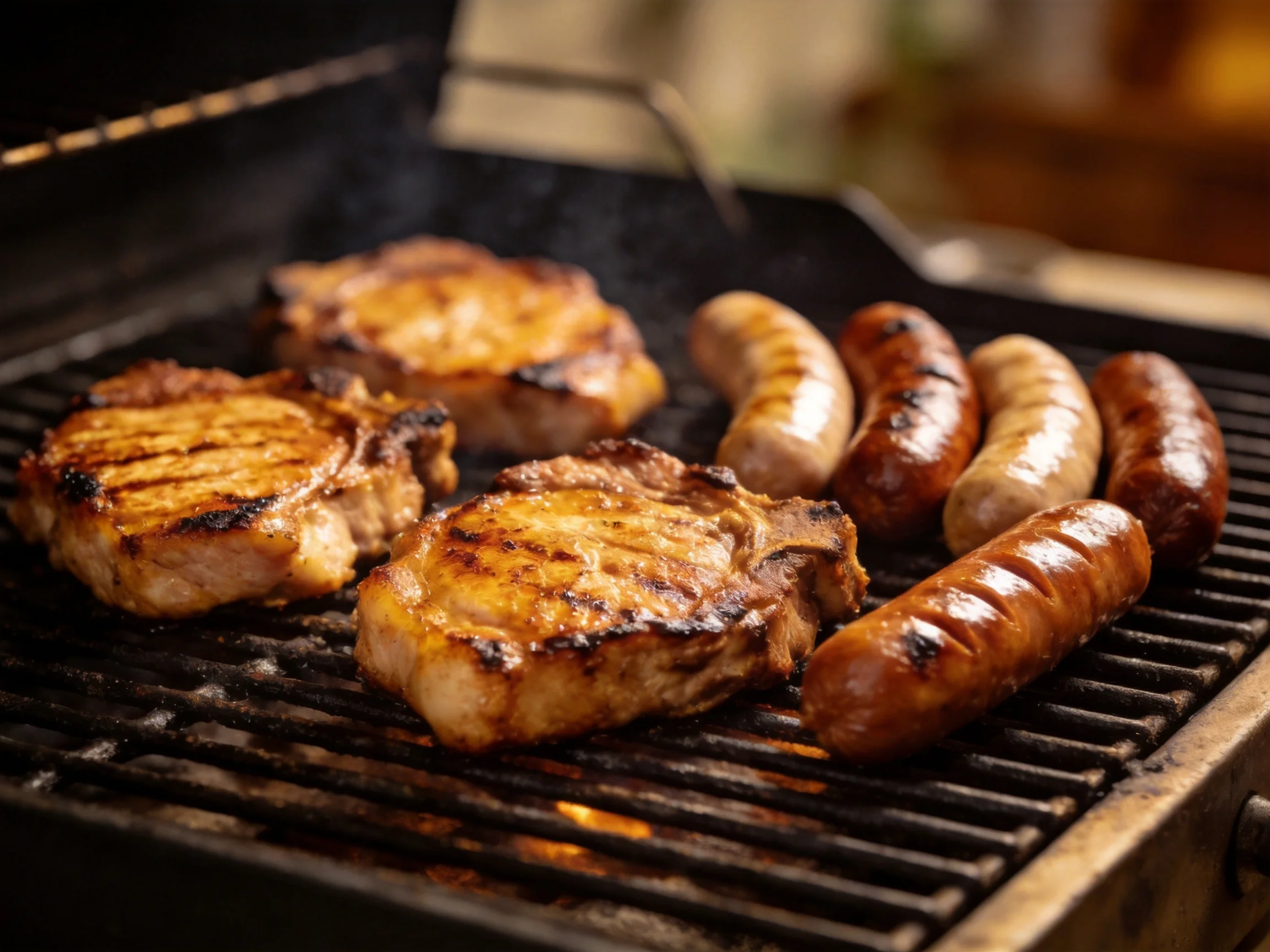 Three grilled steaks and five sausages cook on a black barbecue grill