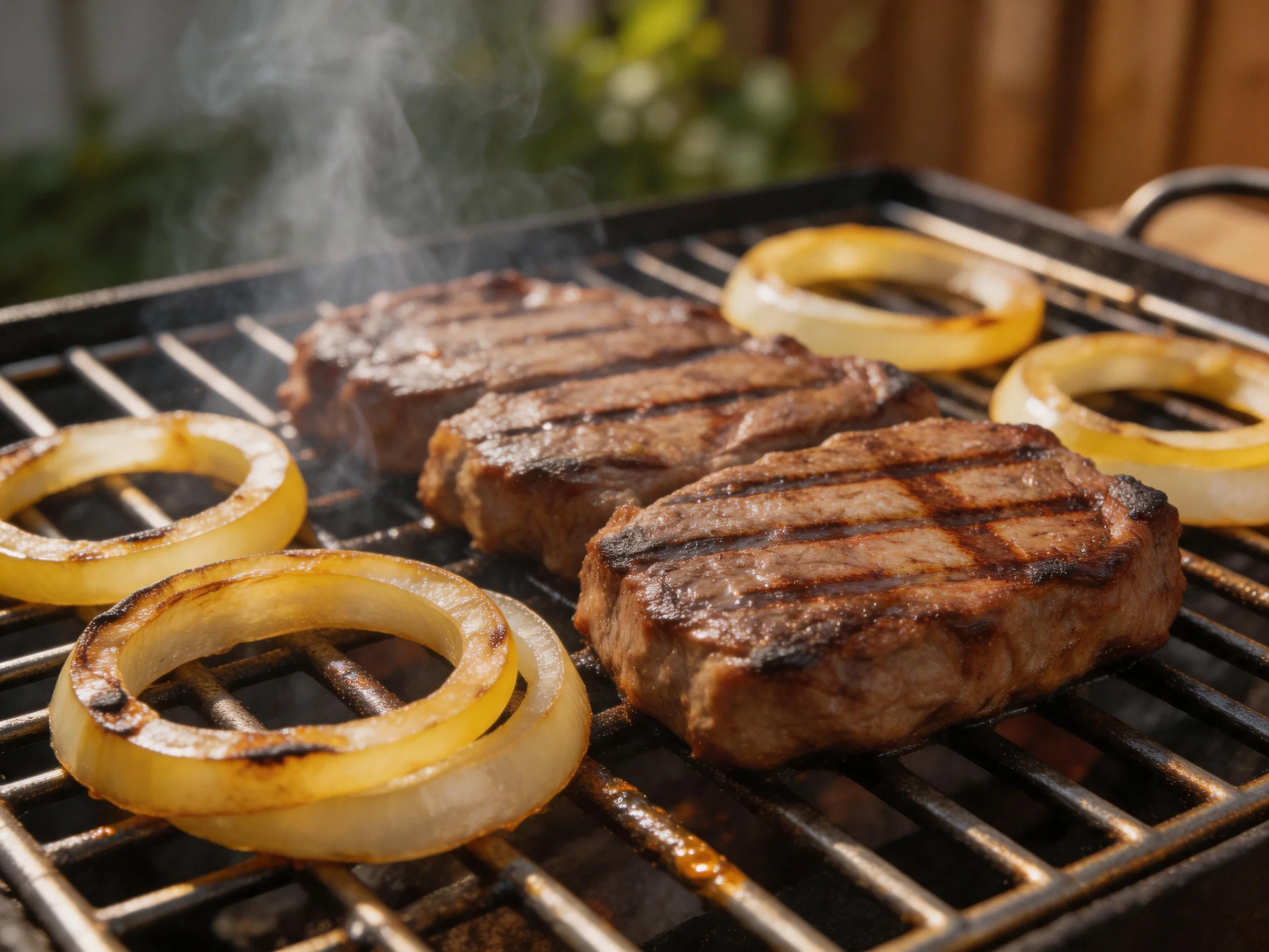 Three grilled steaks and four onion rings cook on an outdoor barbecue