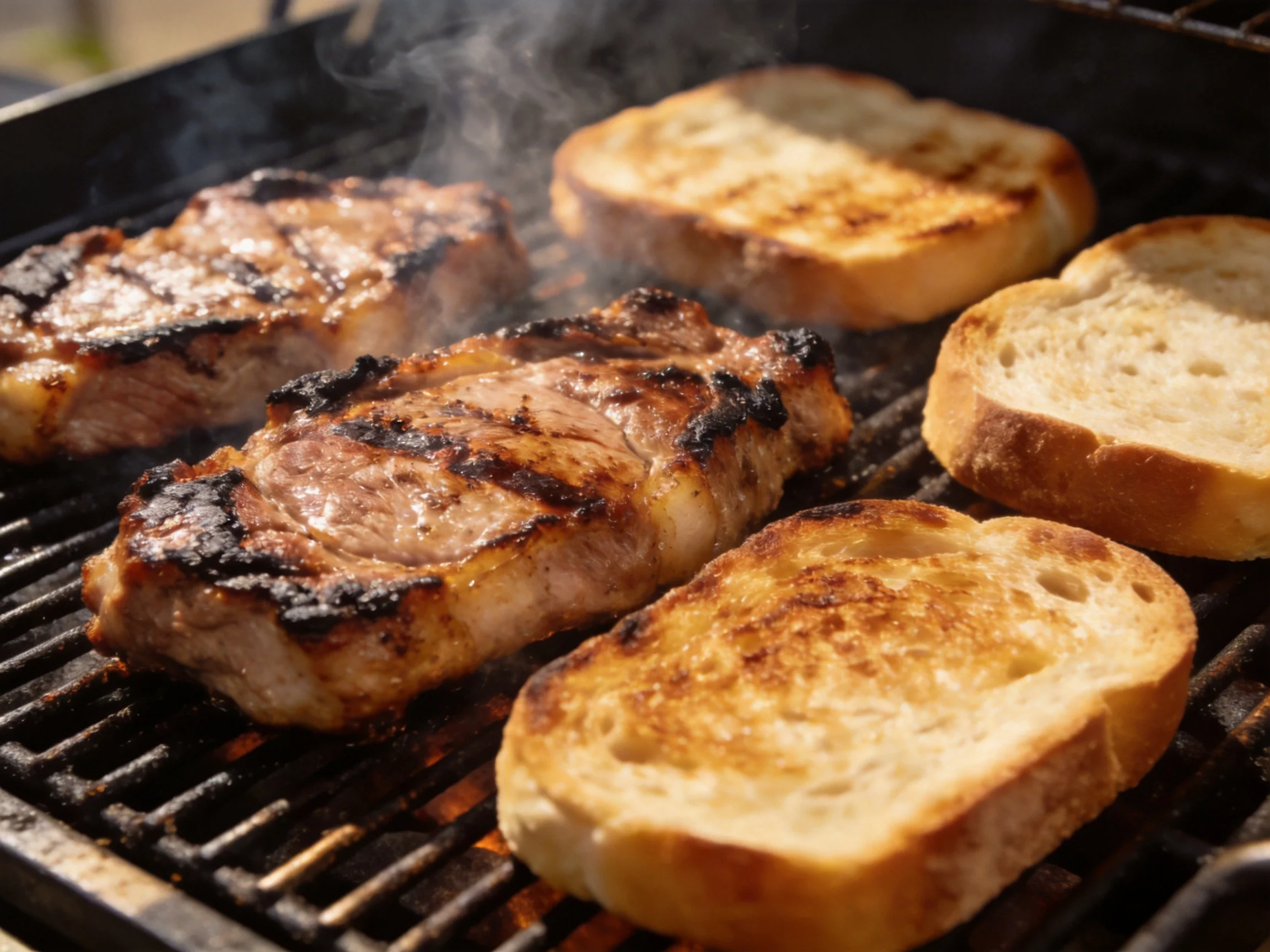 Three grilled steaks and toasted bread slices on a barbecue grill